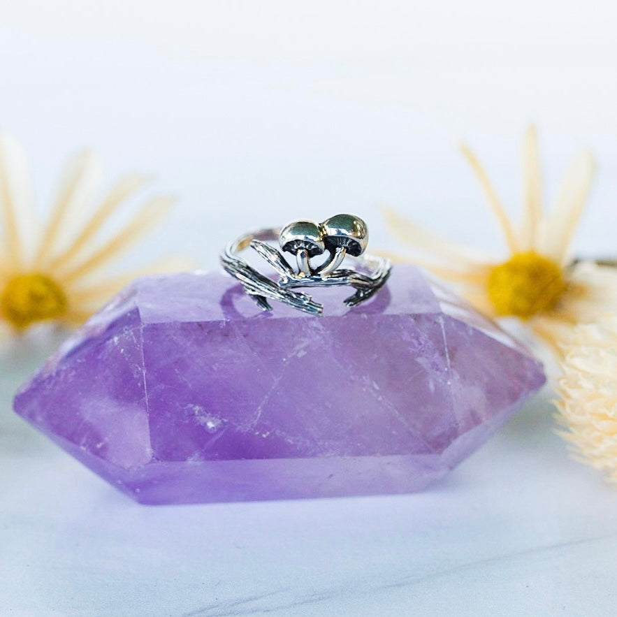 Silver Mushroom & Branch Adjustable Ring