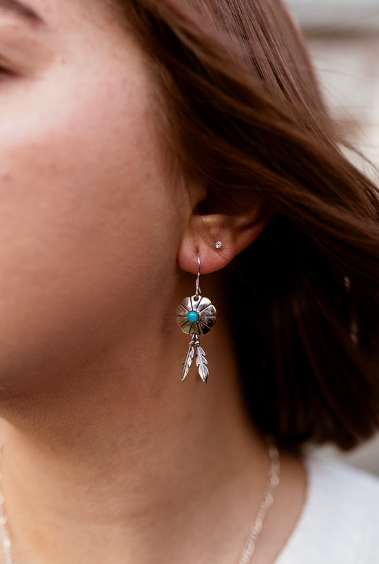 Turquoise Flower Feather Earrings