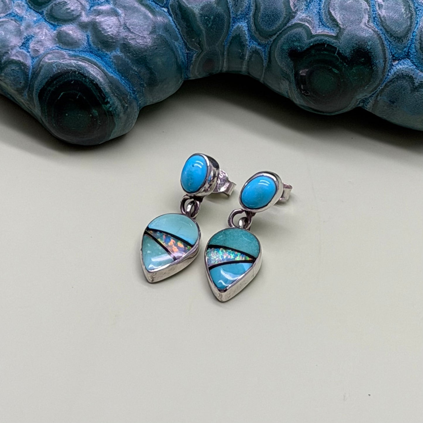 T. Wilson Vintage Sleeping Beauty Turquoise & Opal Inlaid Earrings