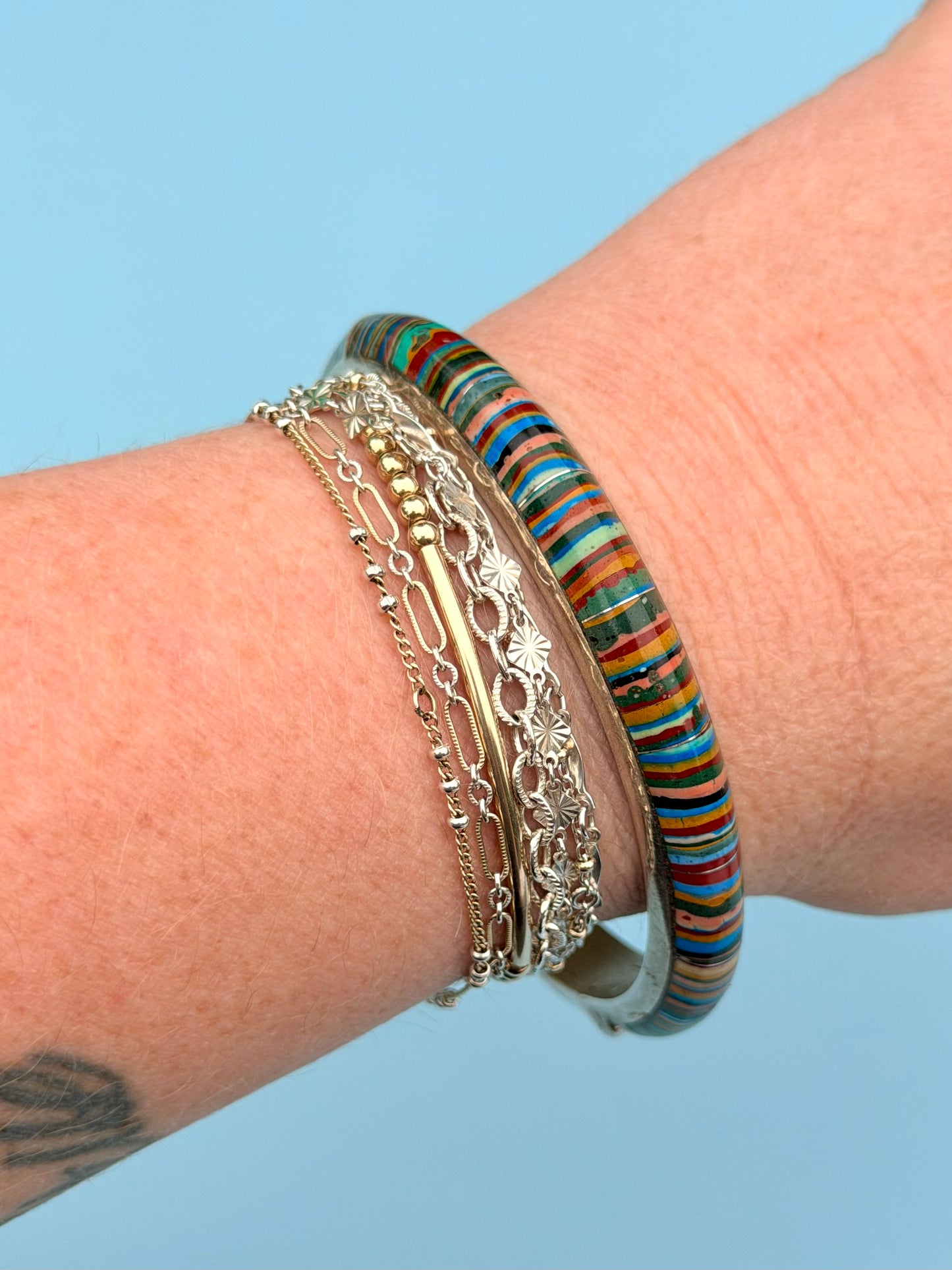 Gem Calsilica Sterling Silver Hinged Bangle