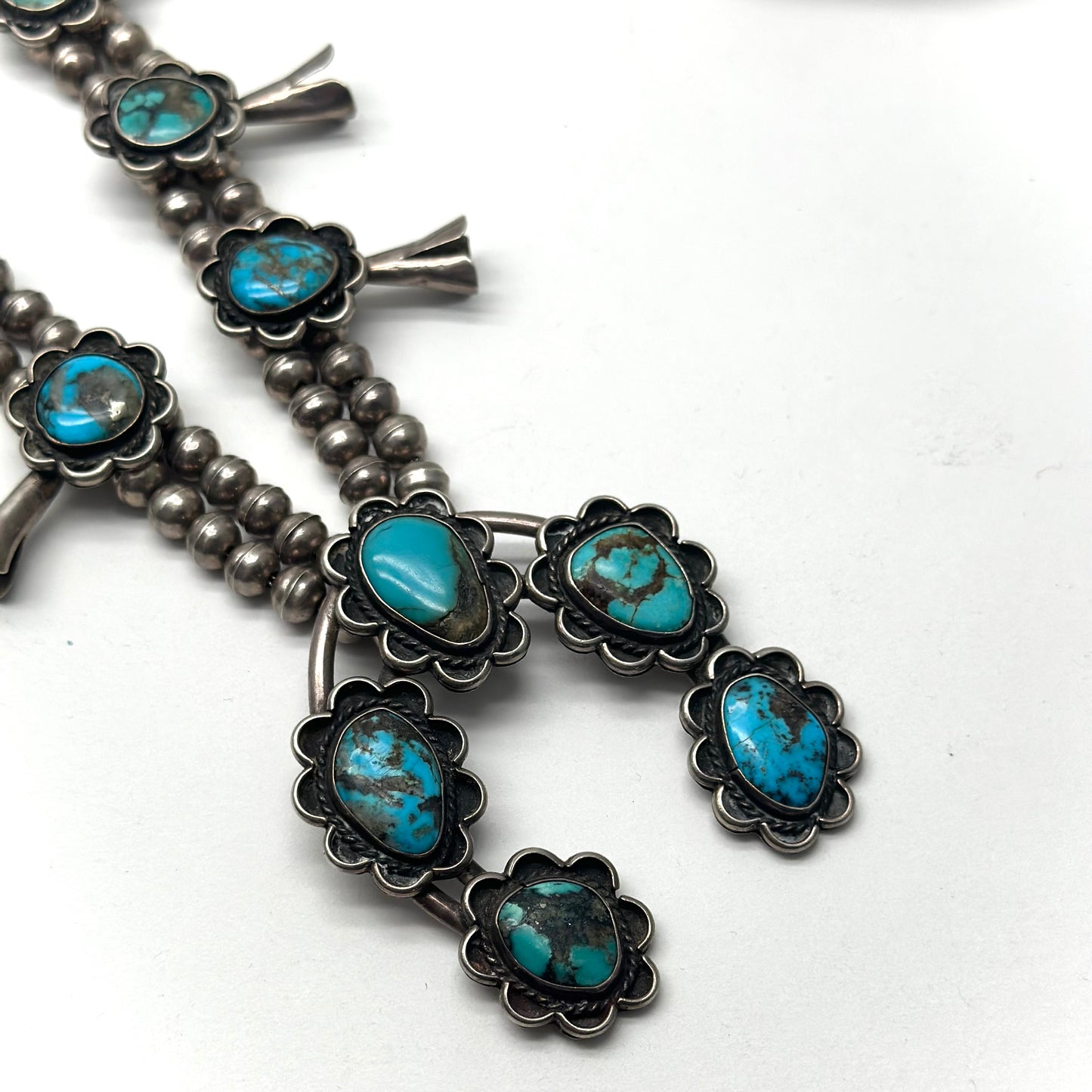 Navajo Natural Sleeping Beauty Turquoise Petit Point Cluster Squash Blossom  Necklace And Matching Earrings - NL#1203 - Native American Jewelry -  SilverTQ, LLC