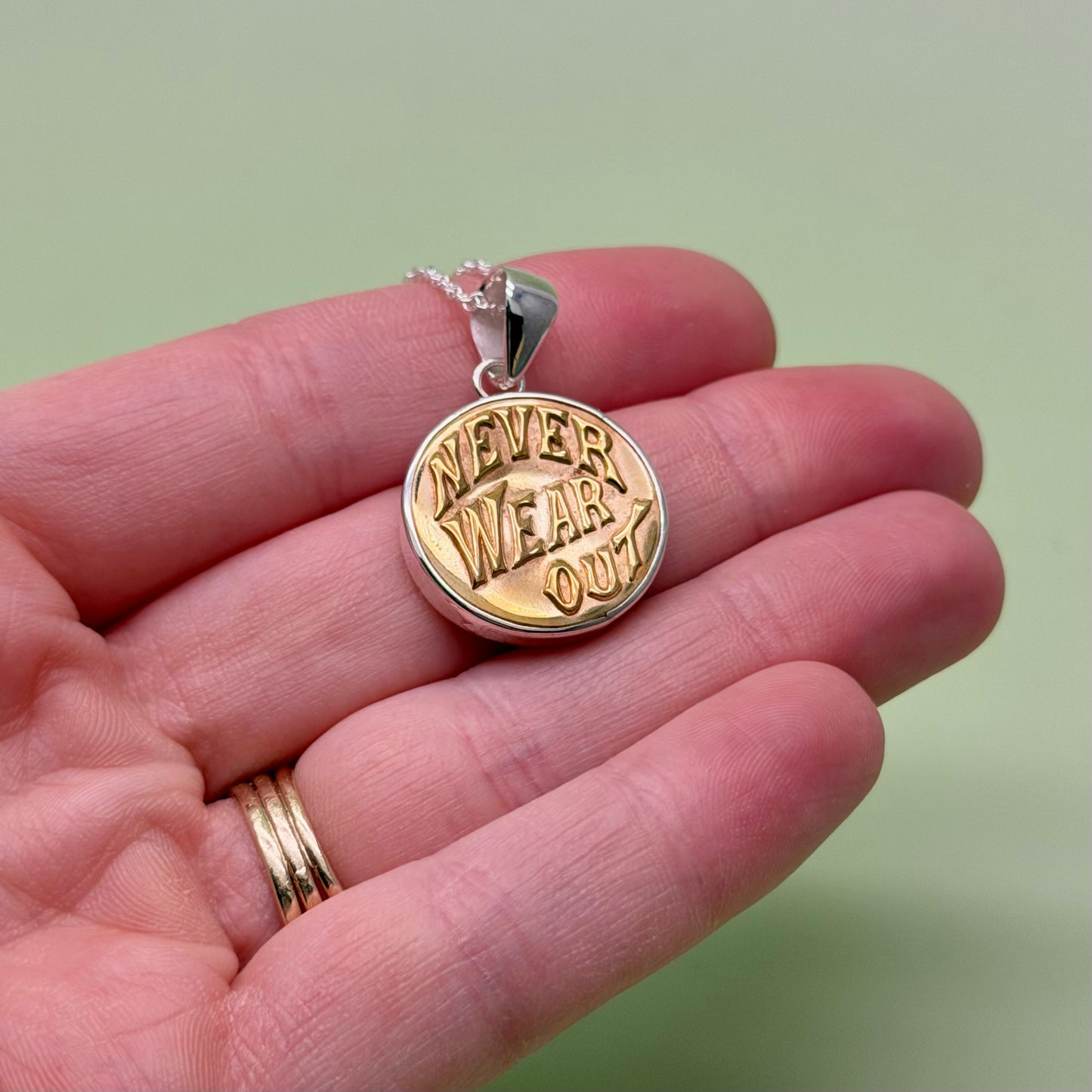 “Never Wear Out” Script Union Button Necklace