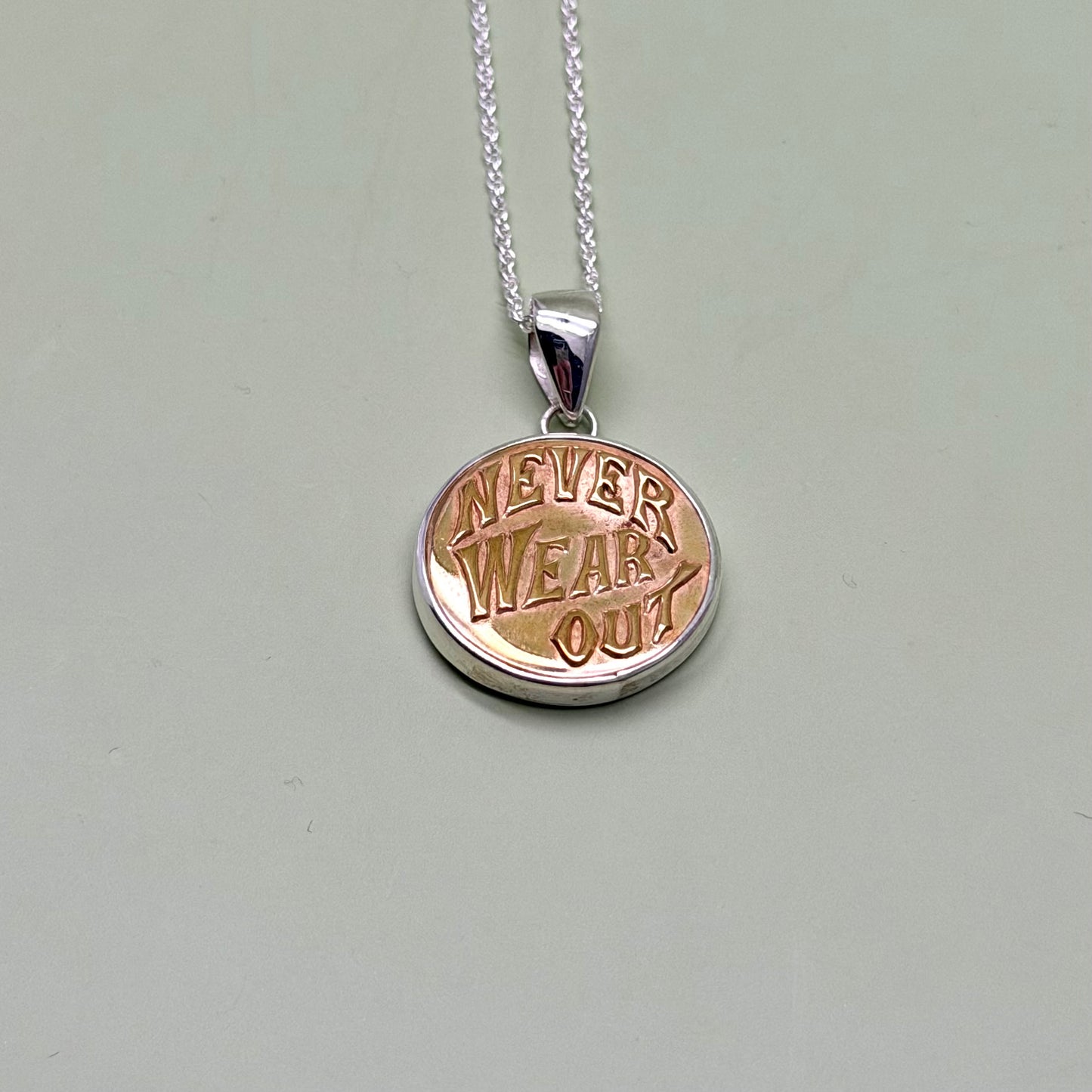 “Never Wear Out” Script Union Button Necklace