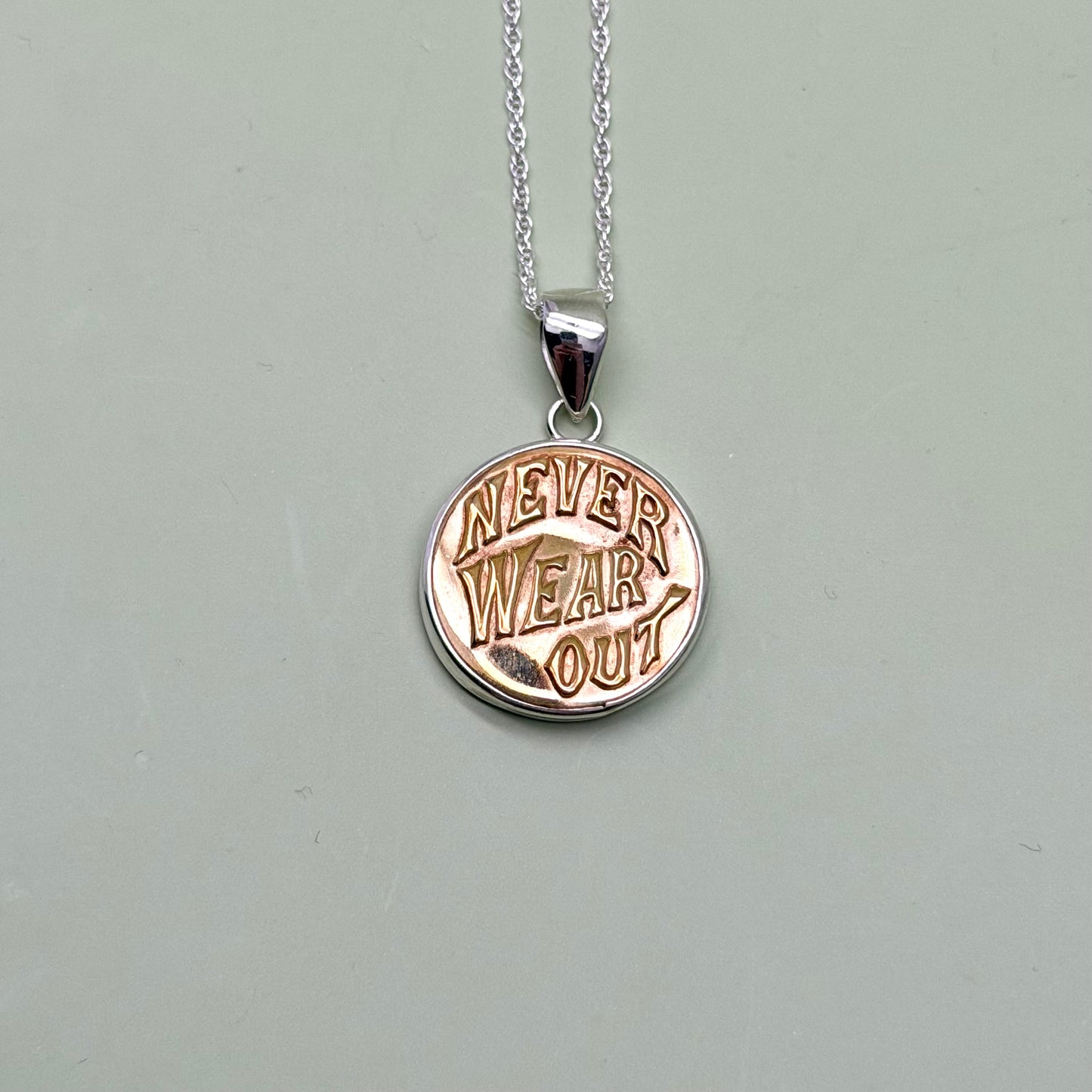 “Never Wear Out” Script Union Button Necklace