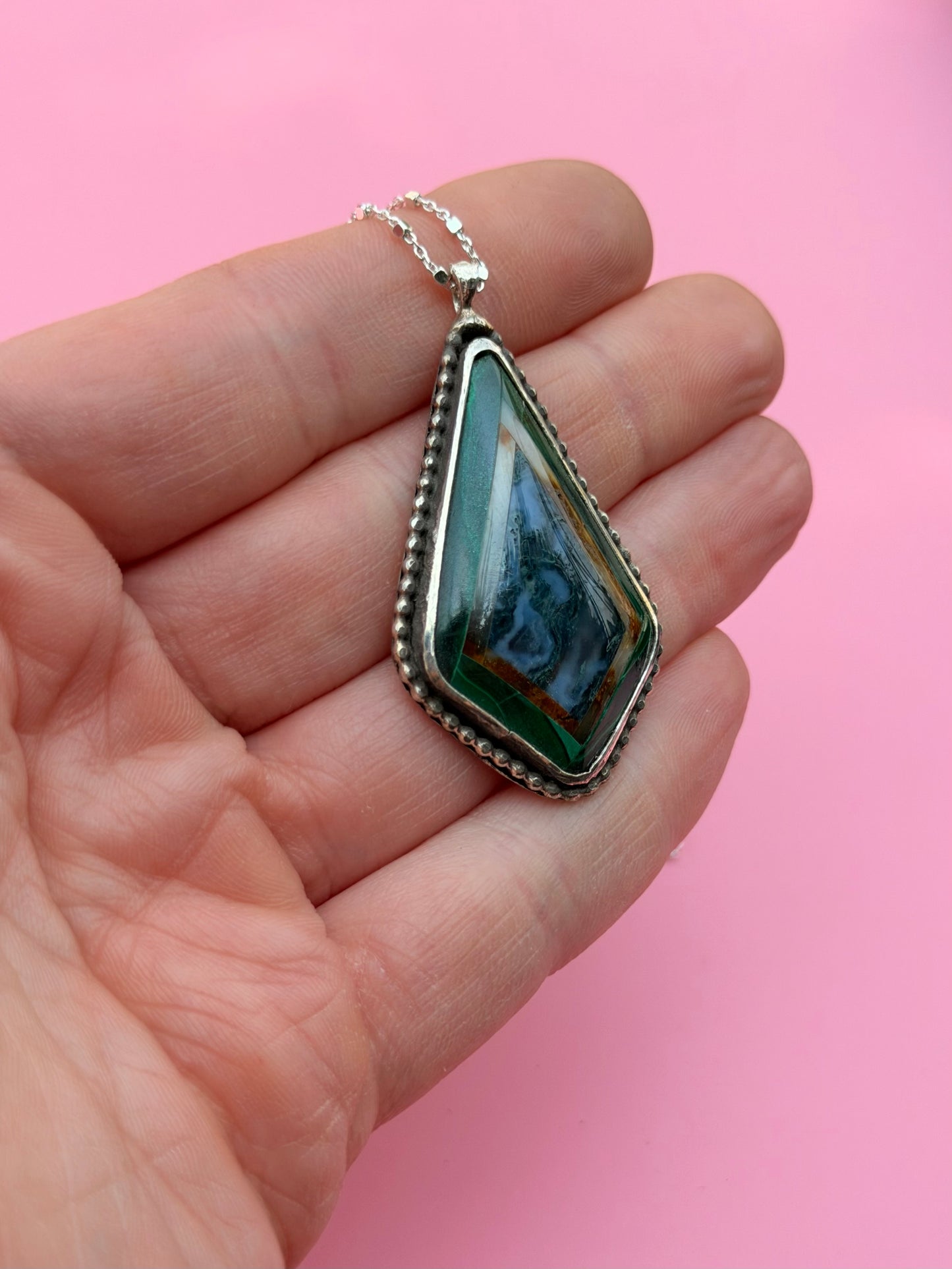 Jade, Moss Agate, & Petrified Wood Intarsia Necklace