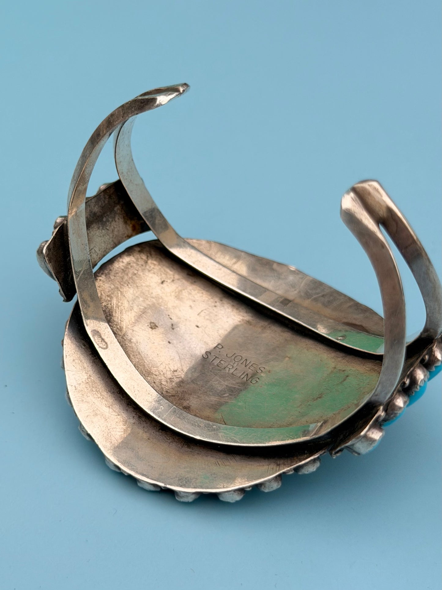 "P. Jones" Hallmark Turquoise Sterling Silver Zuni Cuff