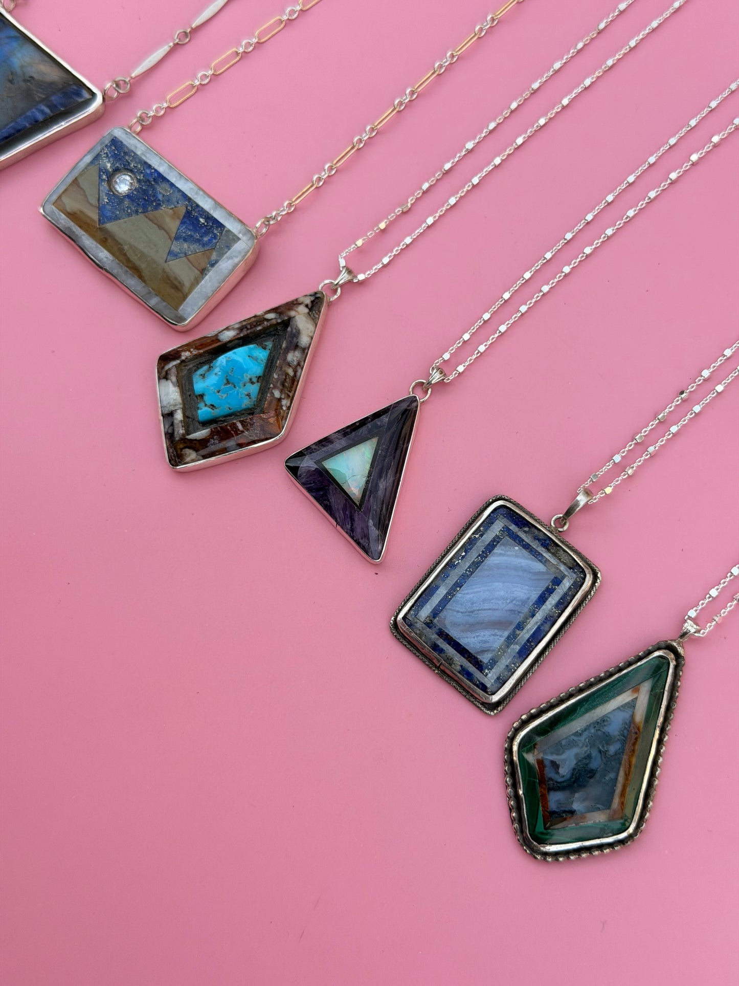 Jade, Moss Agate, & Petrified Wood Intarsia Necklace