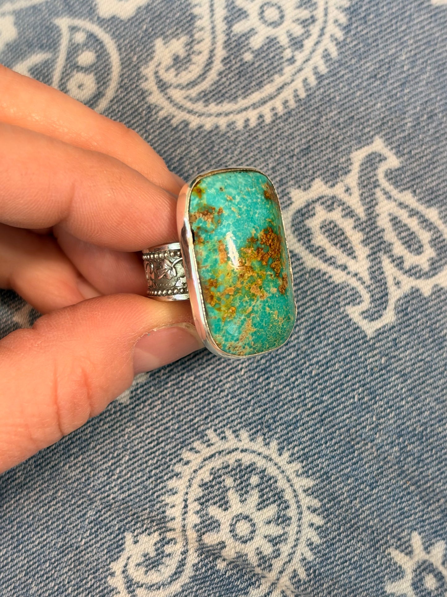 Hand-Cut Turquoise Sterling Silver Ring Size 9