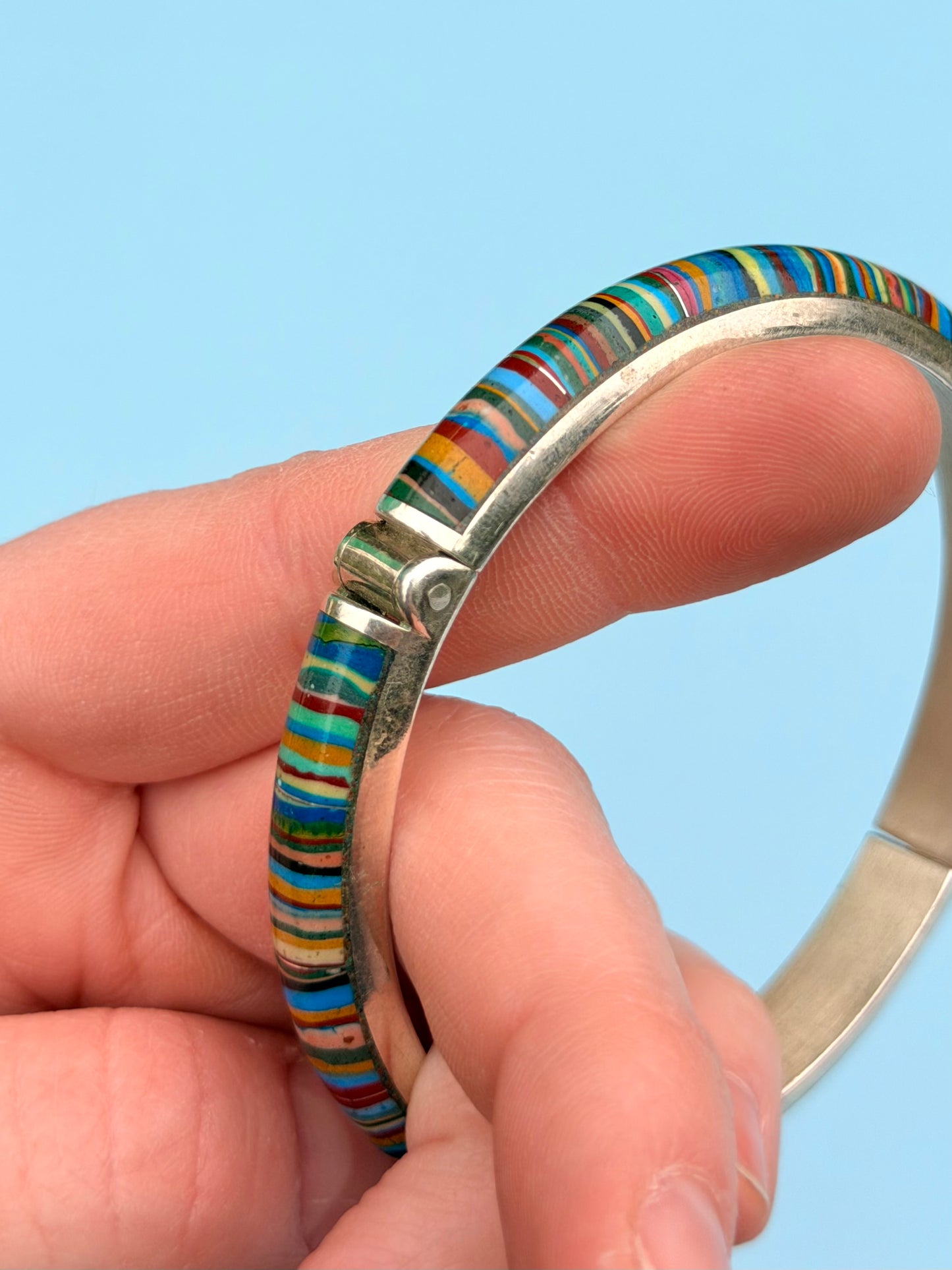 Gem Calsilica Sterling Silver Hinged Bangle