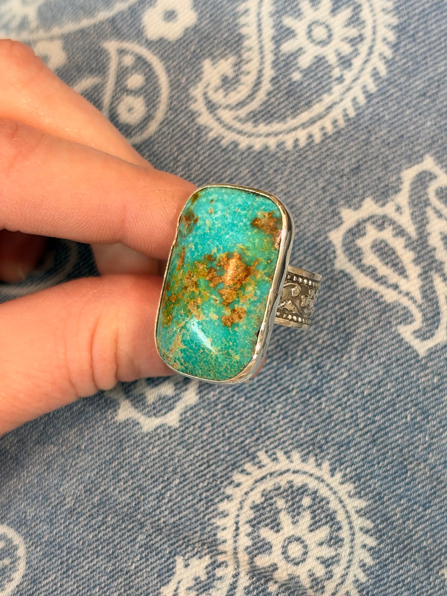 Hand-Cut Turquoise Sterling Silver Ring Size 9