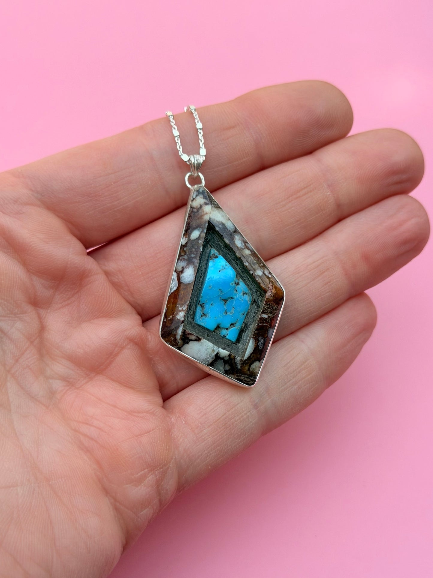 White Horse Jasper & Turquoise Intarsia Shadowbox Pendant