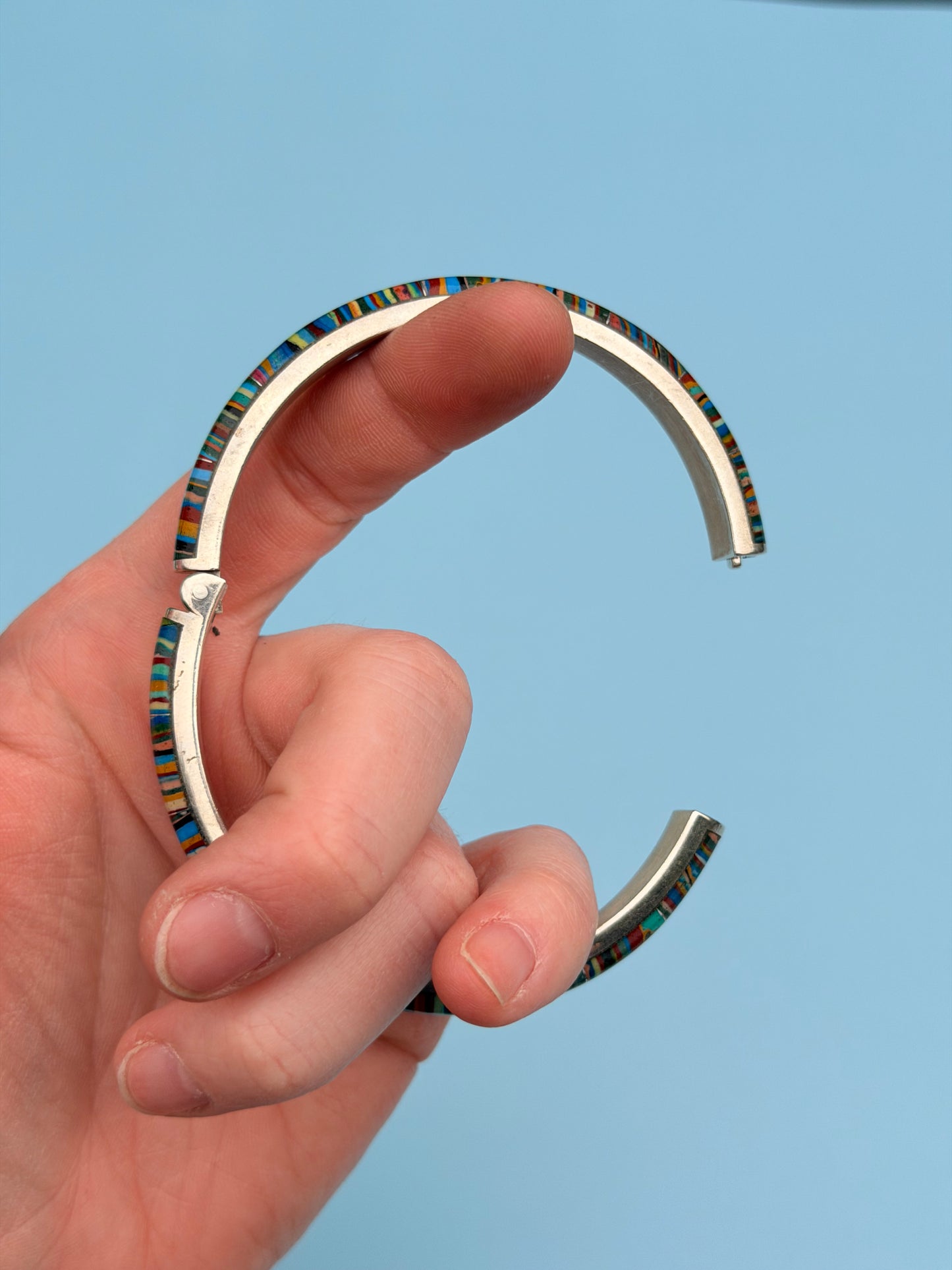 Gem Calsilica Sterling Silver Hinged Bangle