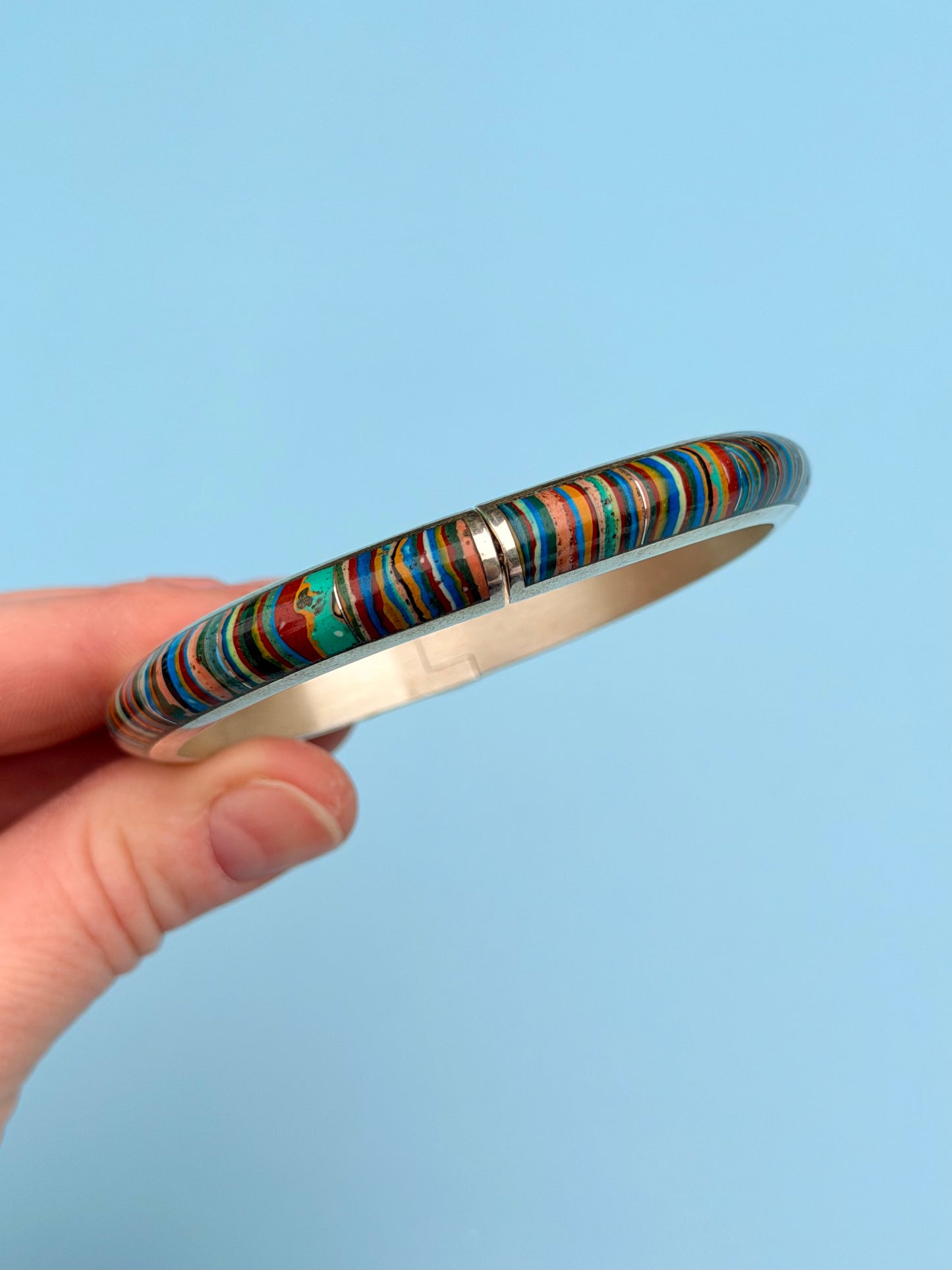 Gem Calsilica Sterling Silver Hinged Bangle