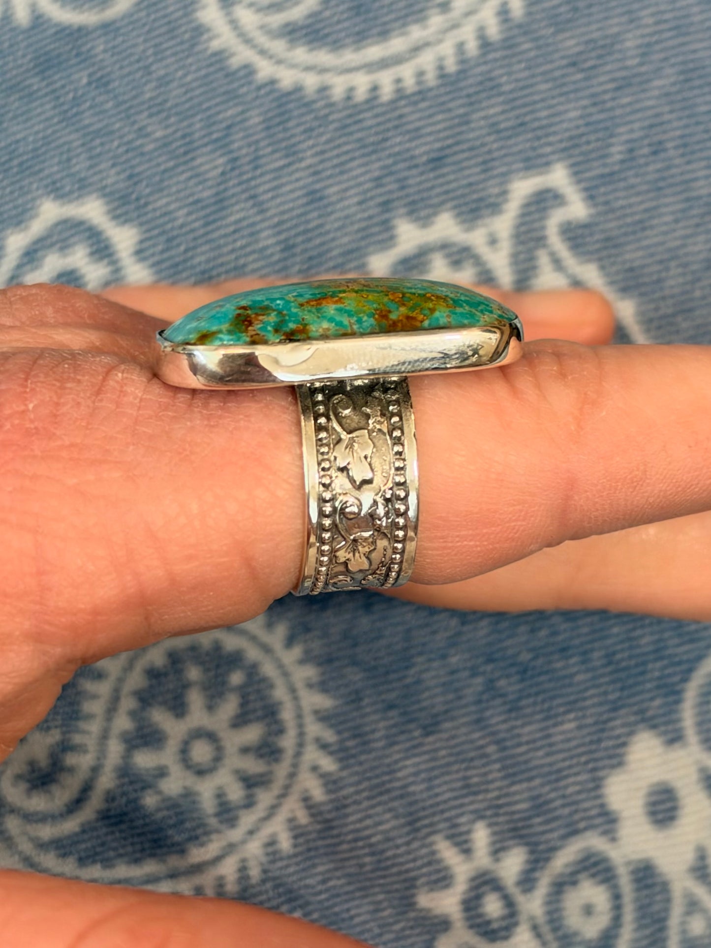 Hand-Cut Turquoise Sterling Silver Ring Size 9