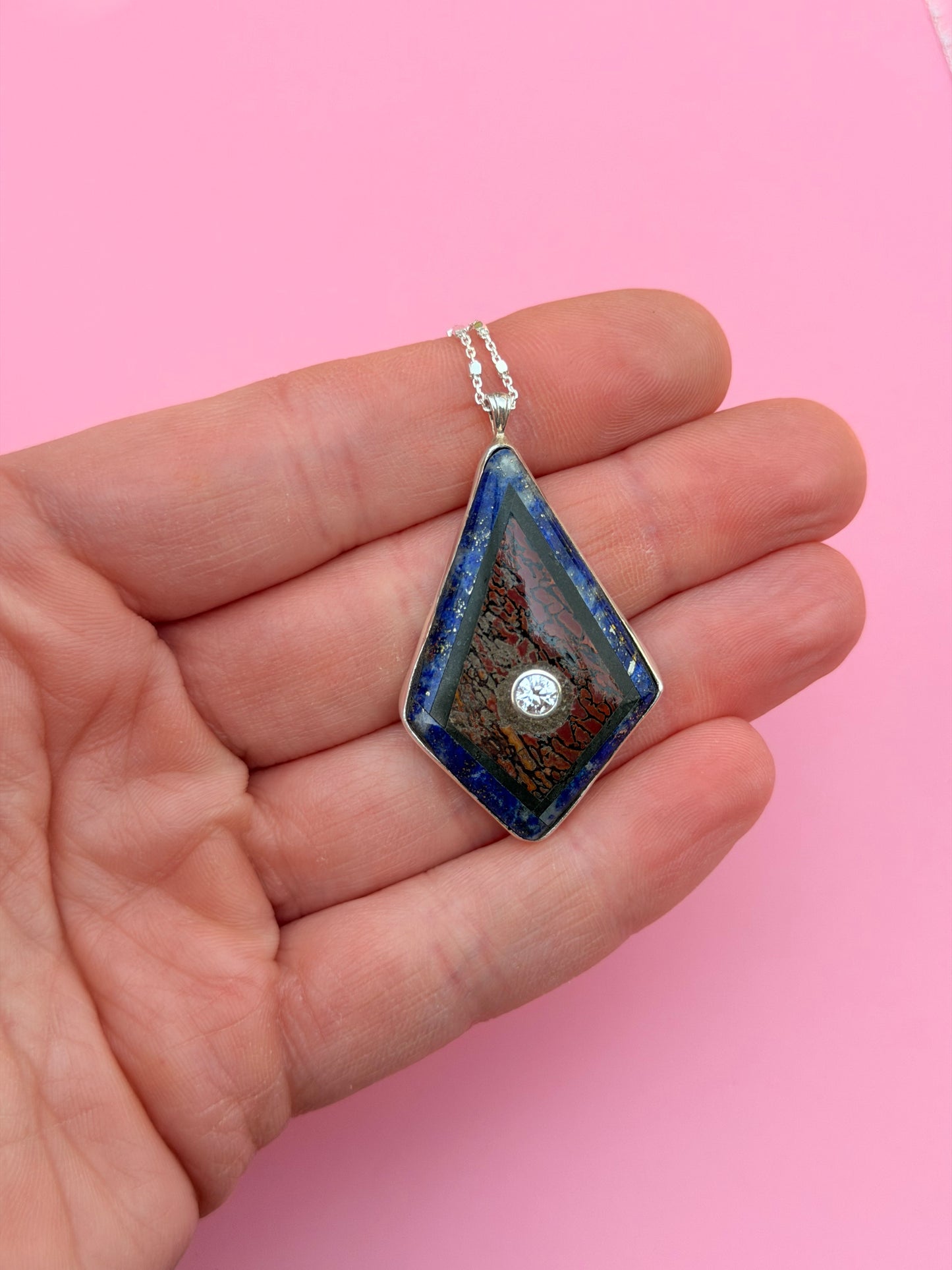 Dinosaur Bone, Lapis, & Bezel Set CZ Intarsia Necklace