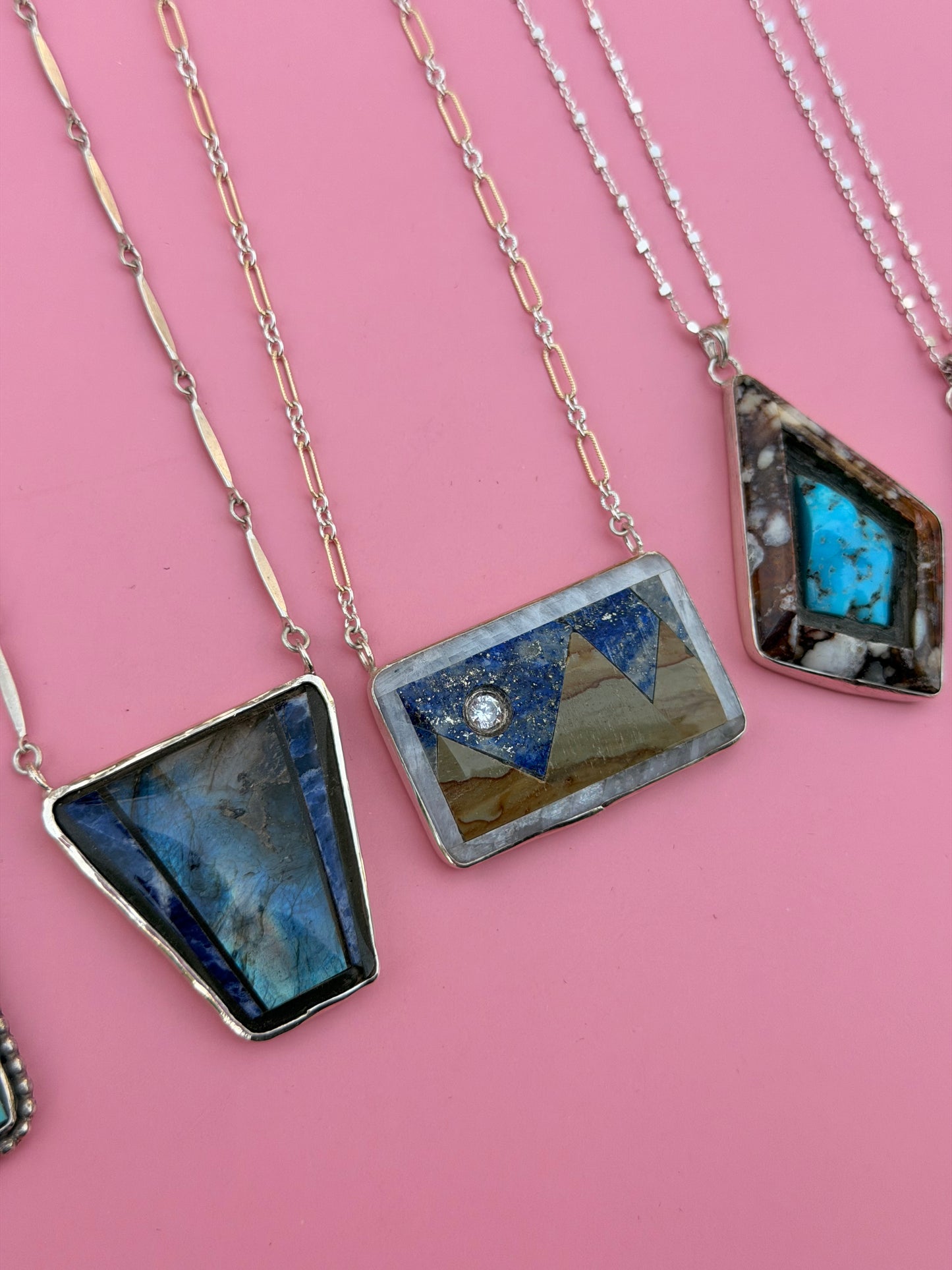 White Horse Jasper & Turquoise Intarsia Shadowbox Pendant