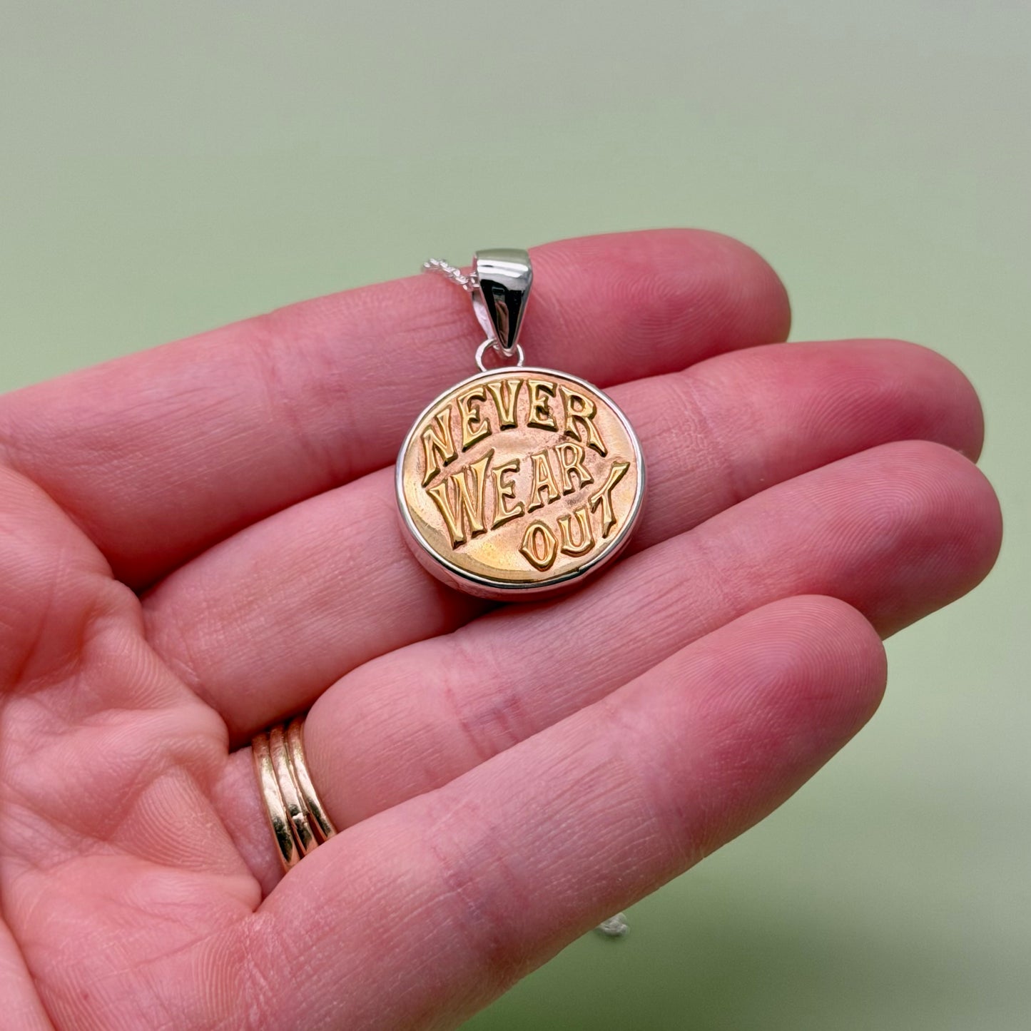 “Never Wear Out” Script Union Button Necklace