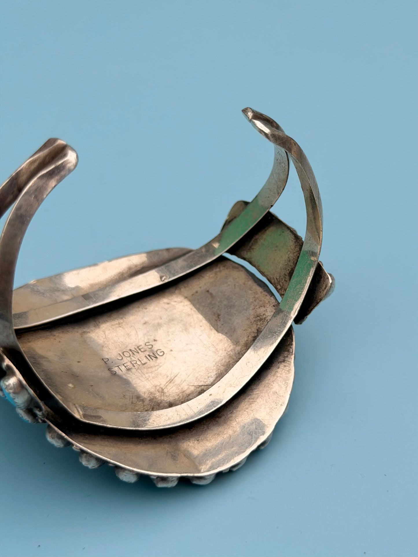 "P. Jones" Hallmark Turquoise Sterling Silver Zuni Cuff