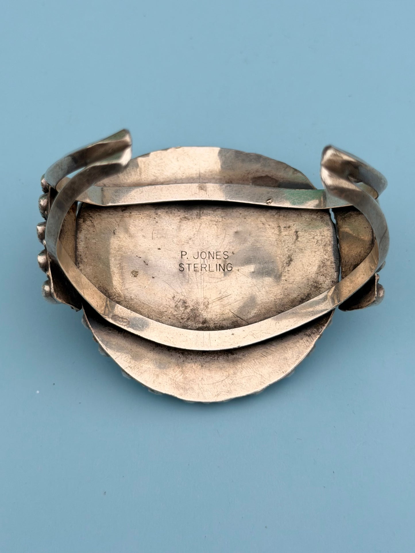 "P. Jones" Hallmark Turquoise Sterling Silver Zuni Cuff