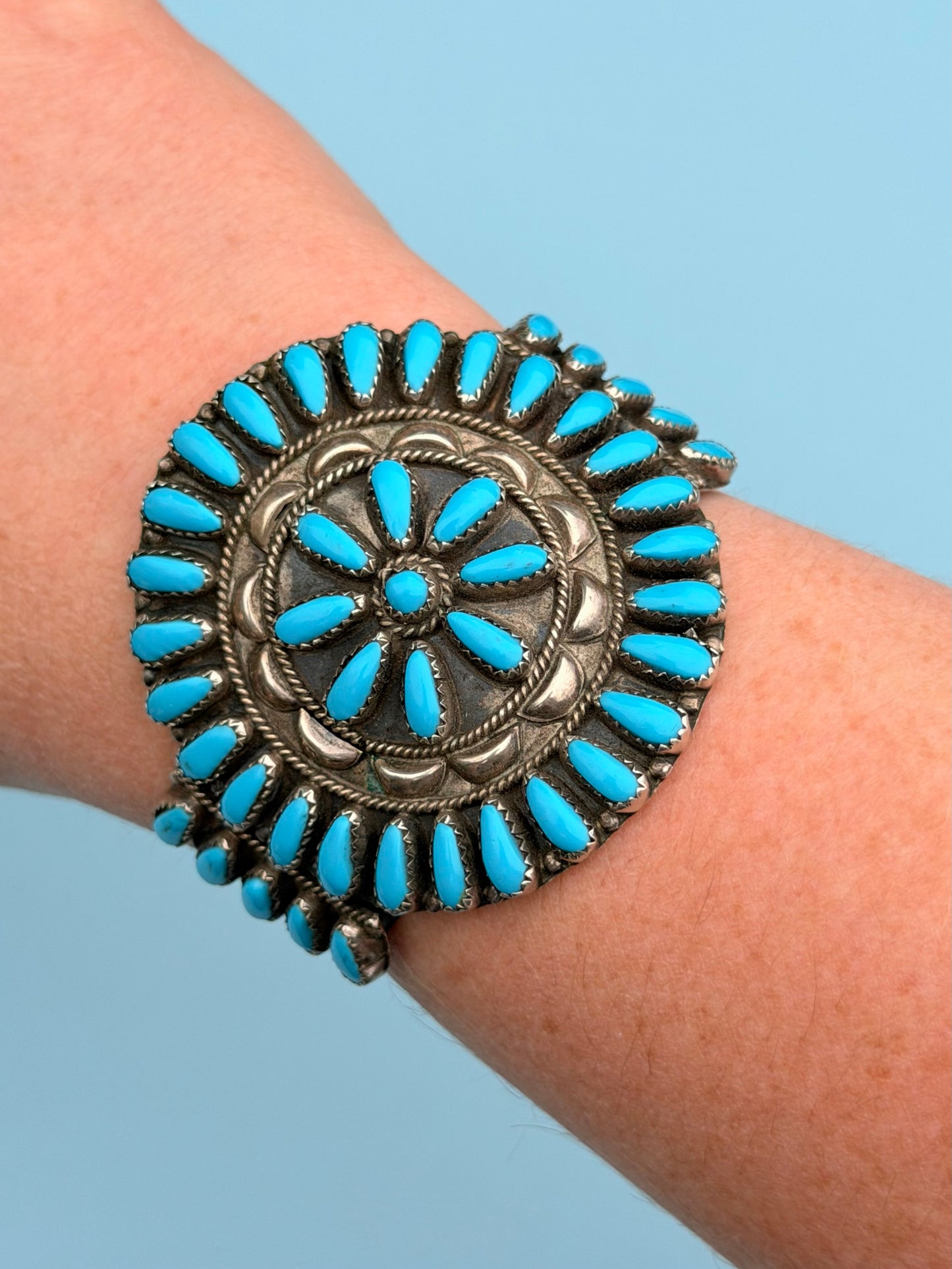 "P. Jones" Hallmark Turquoise Sterling Silver Zuni Cuff