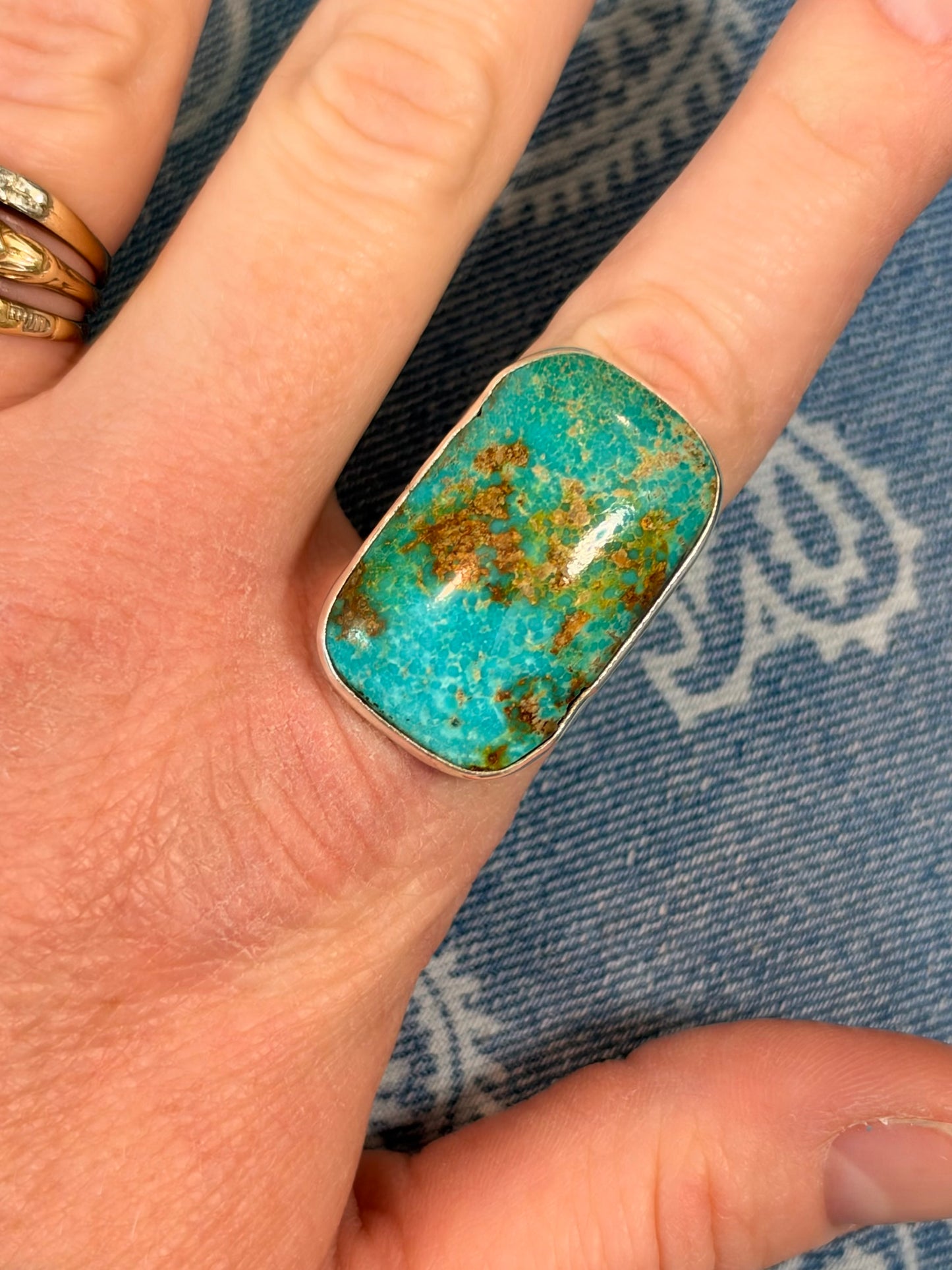 Hand-Cut Turquoise Sterling Silver Ring Size 9