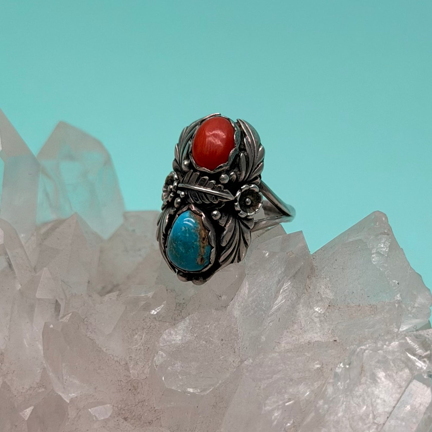 Vintage Navajo Turquoise & Coral Ring