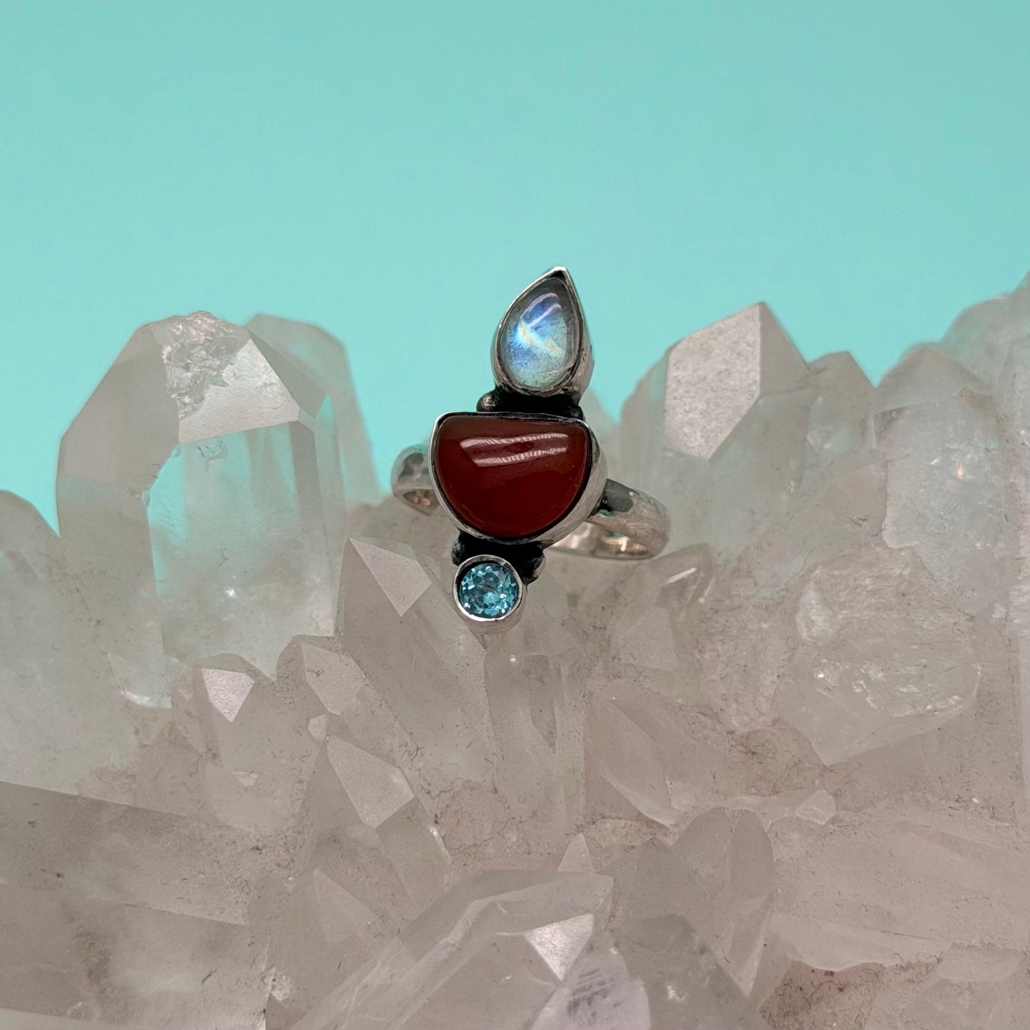 Mercury Carnelian, Moonstone & Blue Topaz Ring