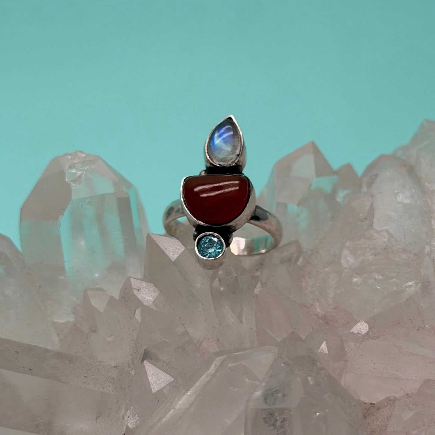 Mercury Carnelian, Moonstone & Blue Topaz Ring