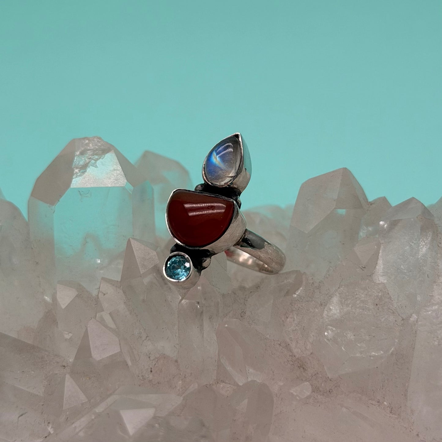 Mercury Carnelian, Moonstone & Blue Topaz Ring