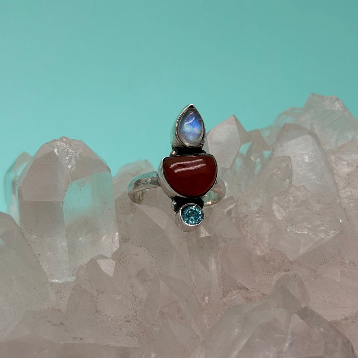 Mercury Carnelian, Moonstone & Blue Topaz Ring