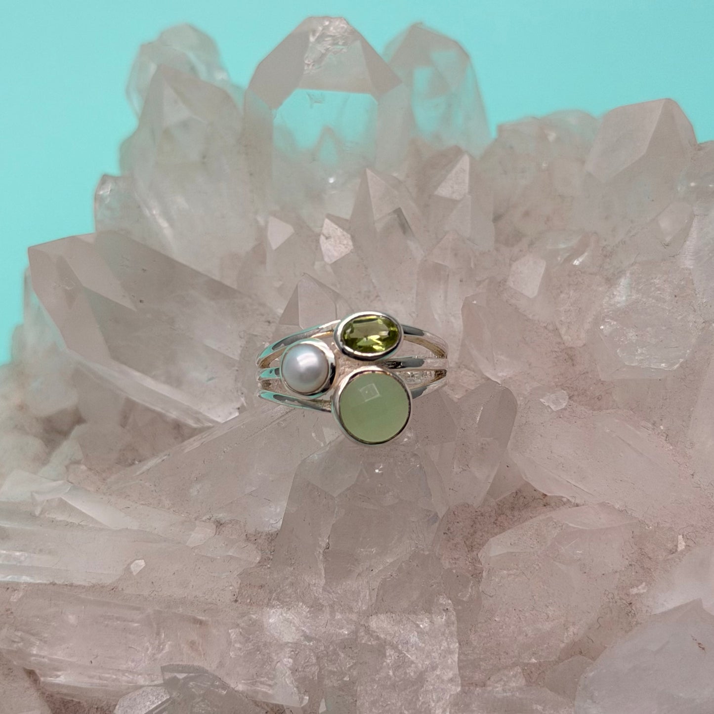 Vineyard Chalcedony, Peridot & Pearl 3-Stone Ring