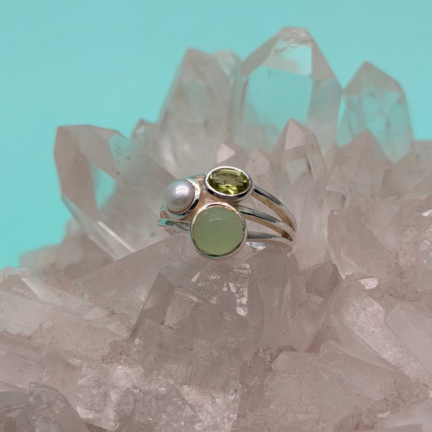 Vineyard Chalcedony, Peridot & Pearl 3-Stone Ring