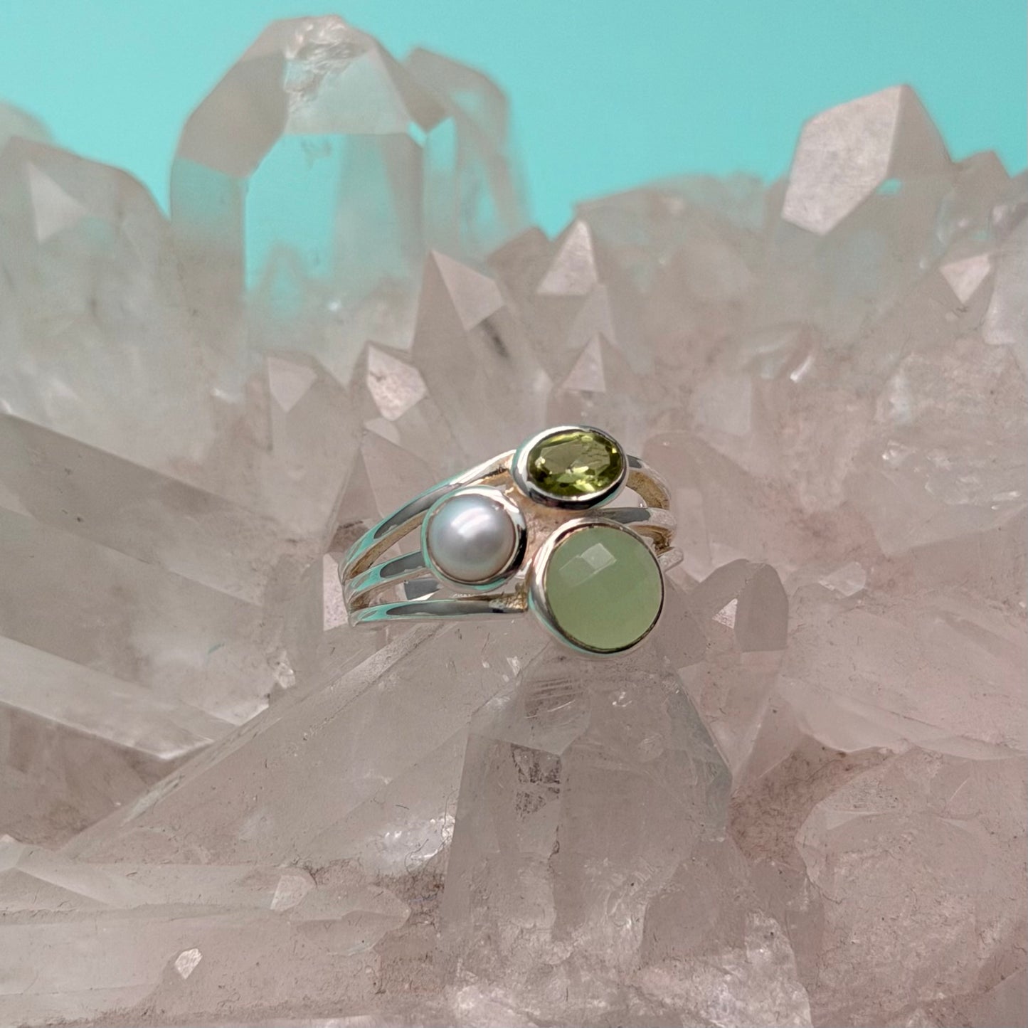 Vineyard Chalcedony, Peridot & Pearl 3-Stone Ring