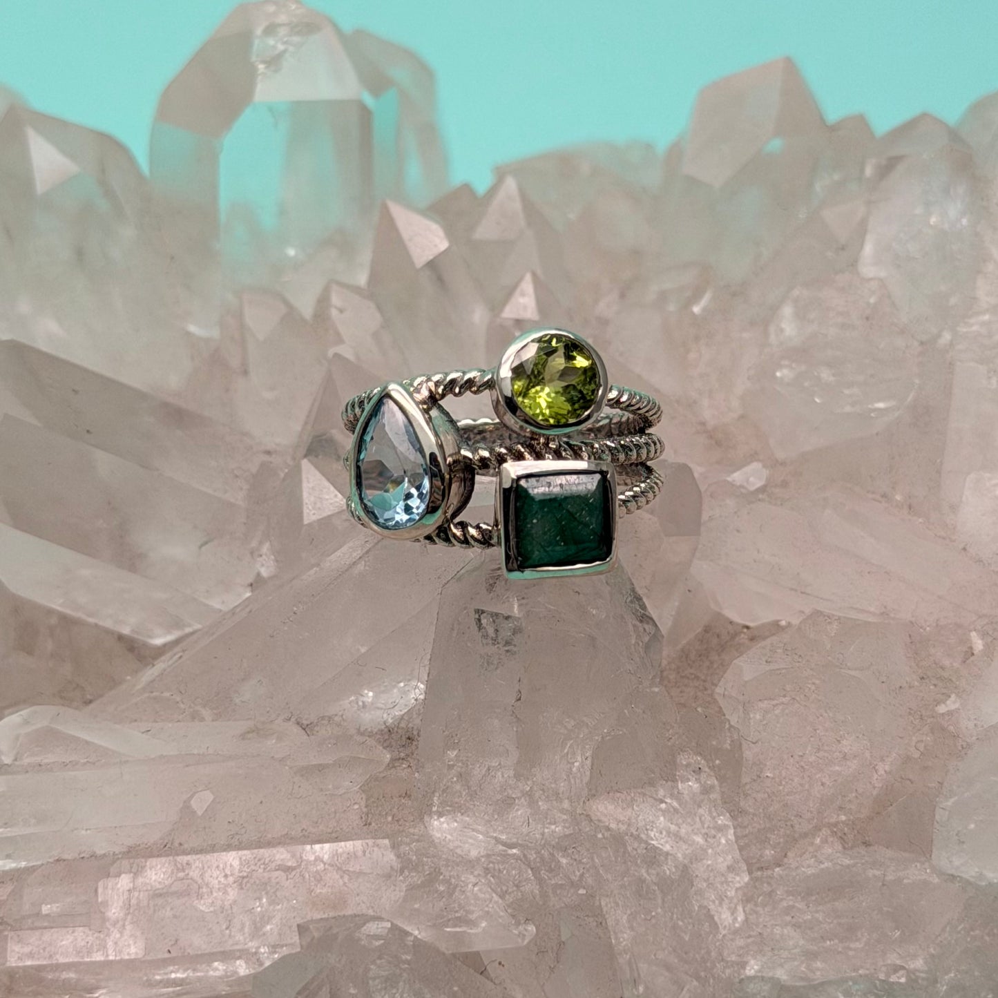 Suri Peridot, Blue Topaz & Emerald 3-Stone Ring