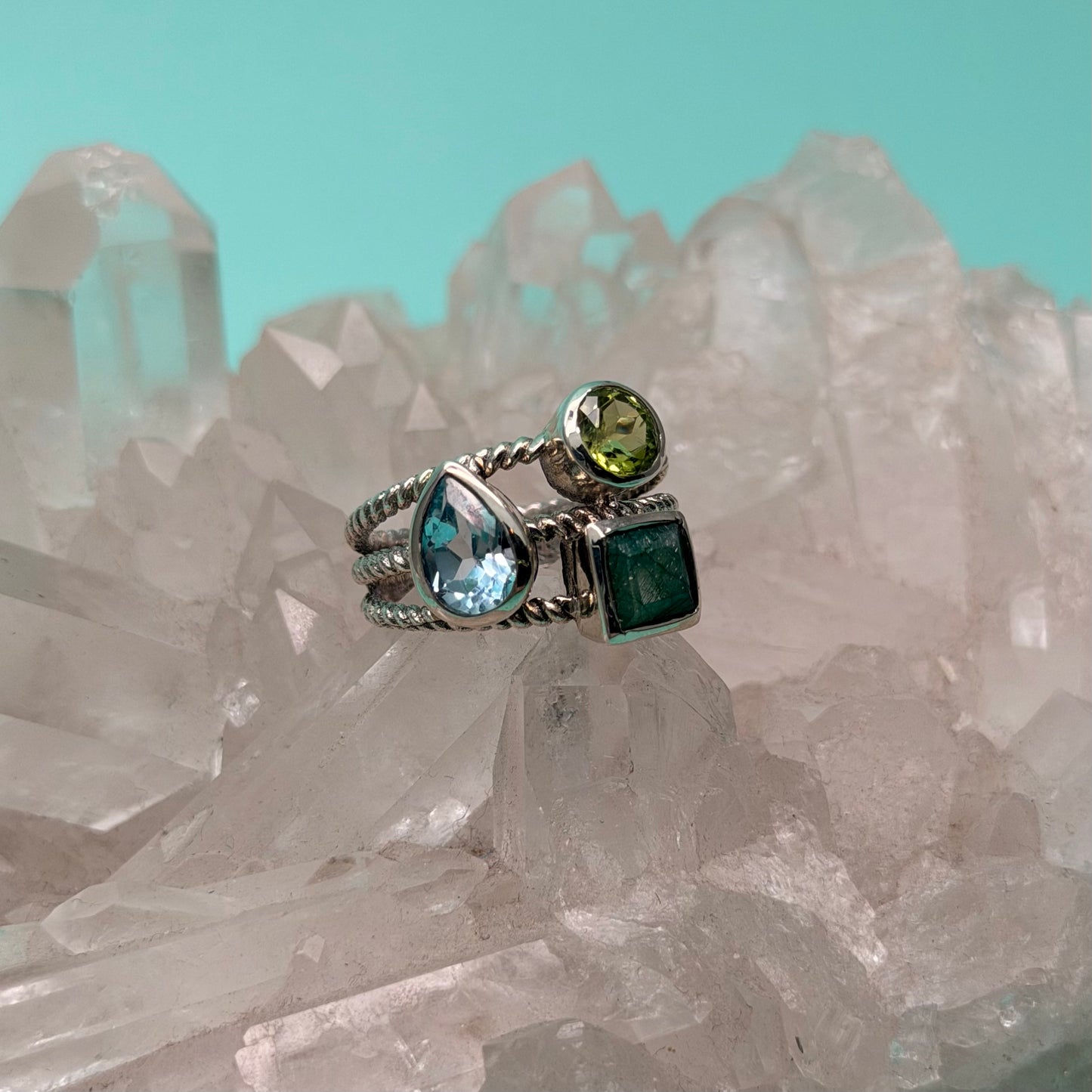 Suri Peridot, Blue Topaz & Emerald 3-Stone Ring