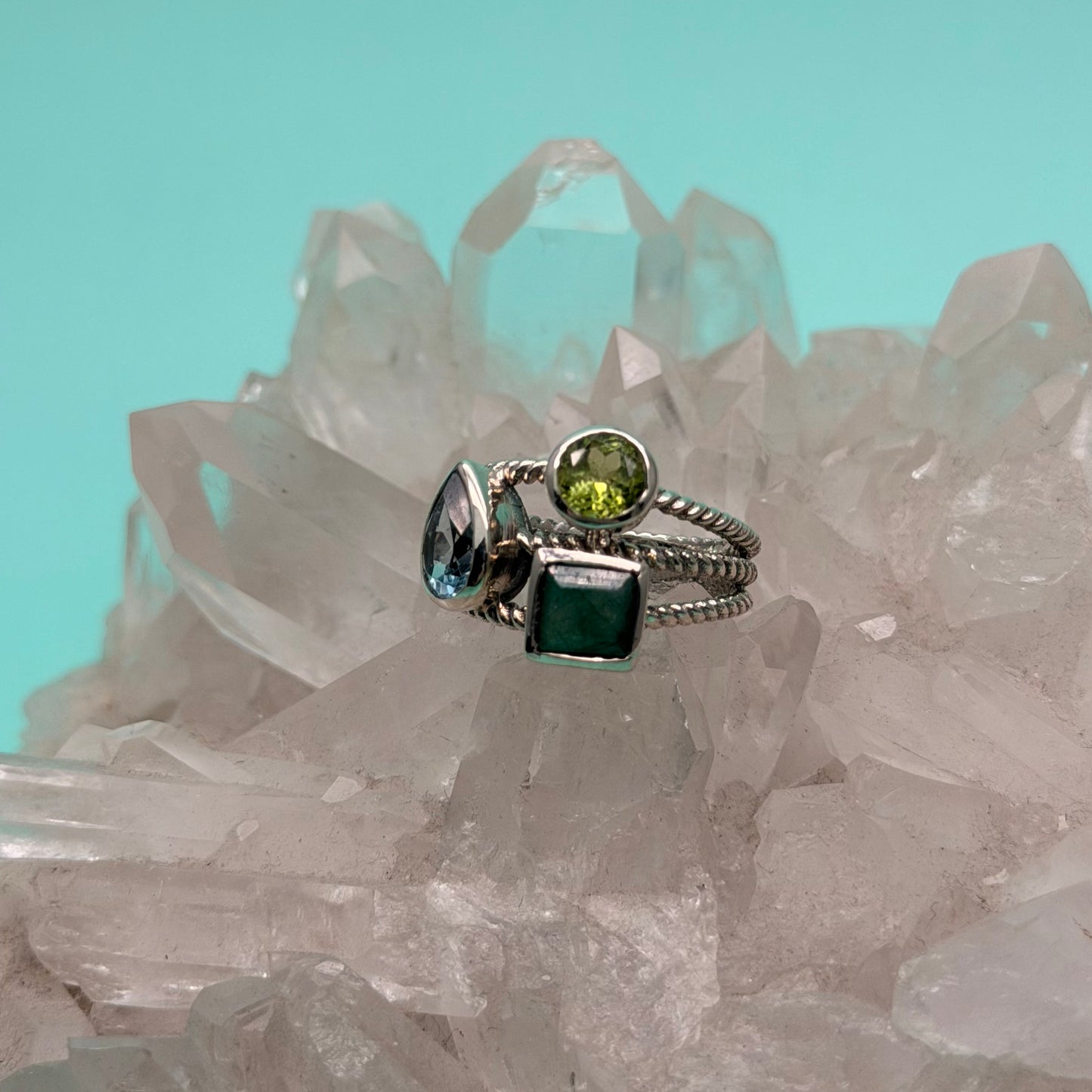 Suri Peridot, Blue Topaz & Emerald 3-Stone Ring