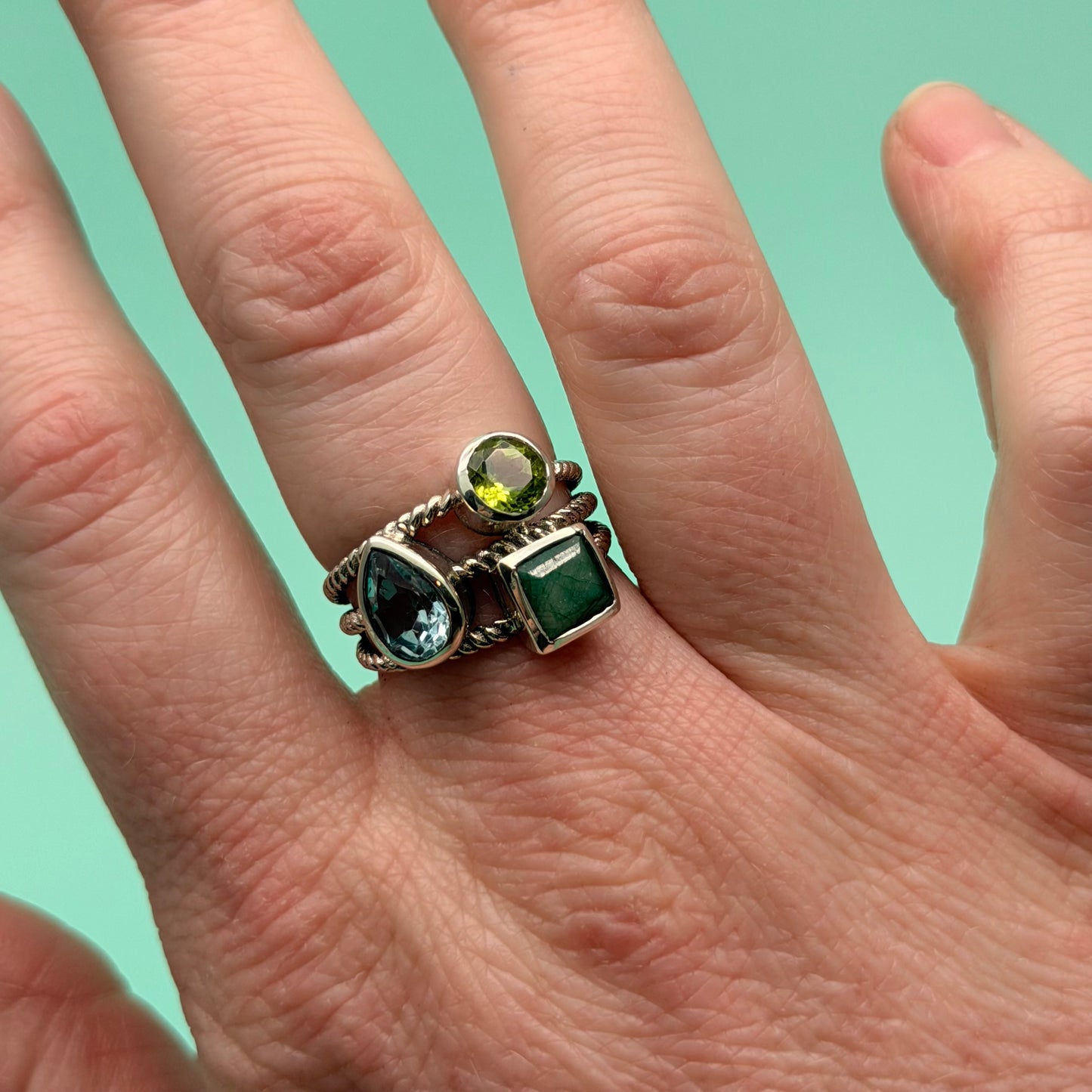 Suri Peridot, Blue Topaz & Emerald 3-Stone Ring
