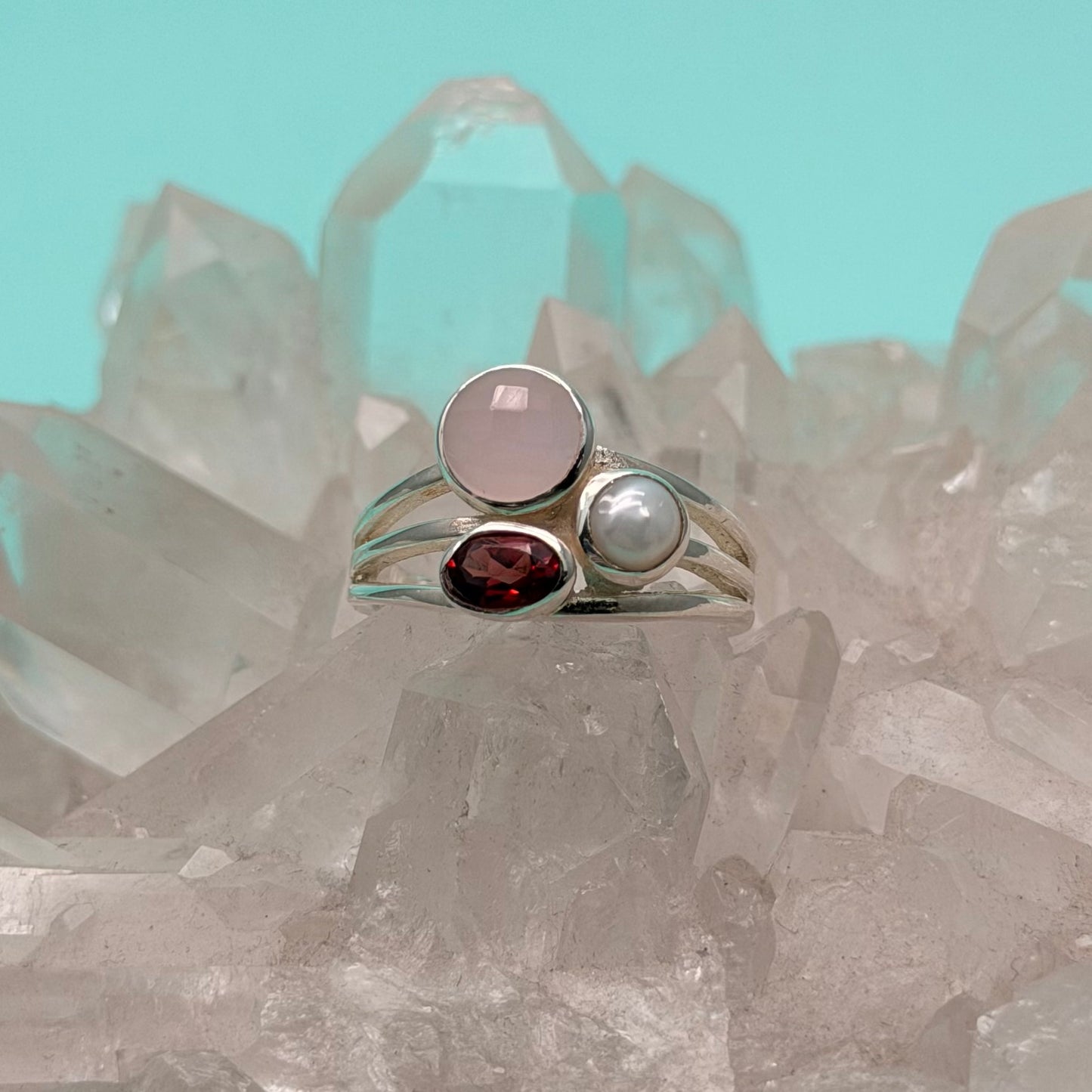 Vineyard Pink Chalcedony, Pearl, & Garnet Ring