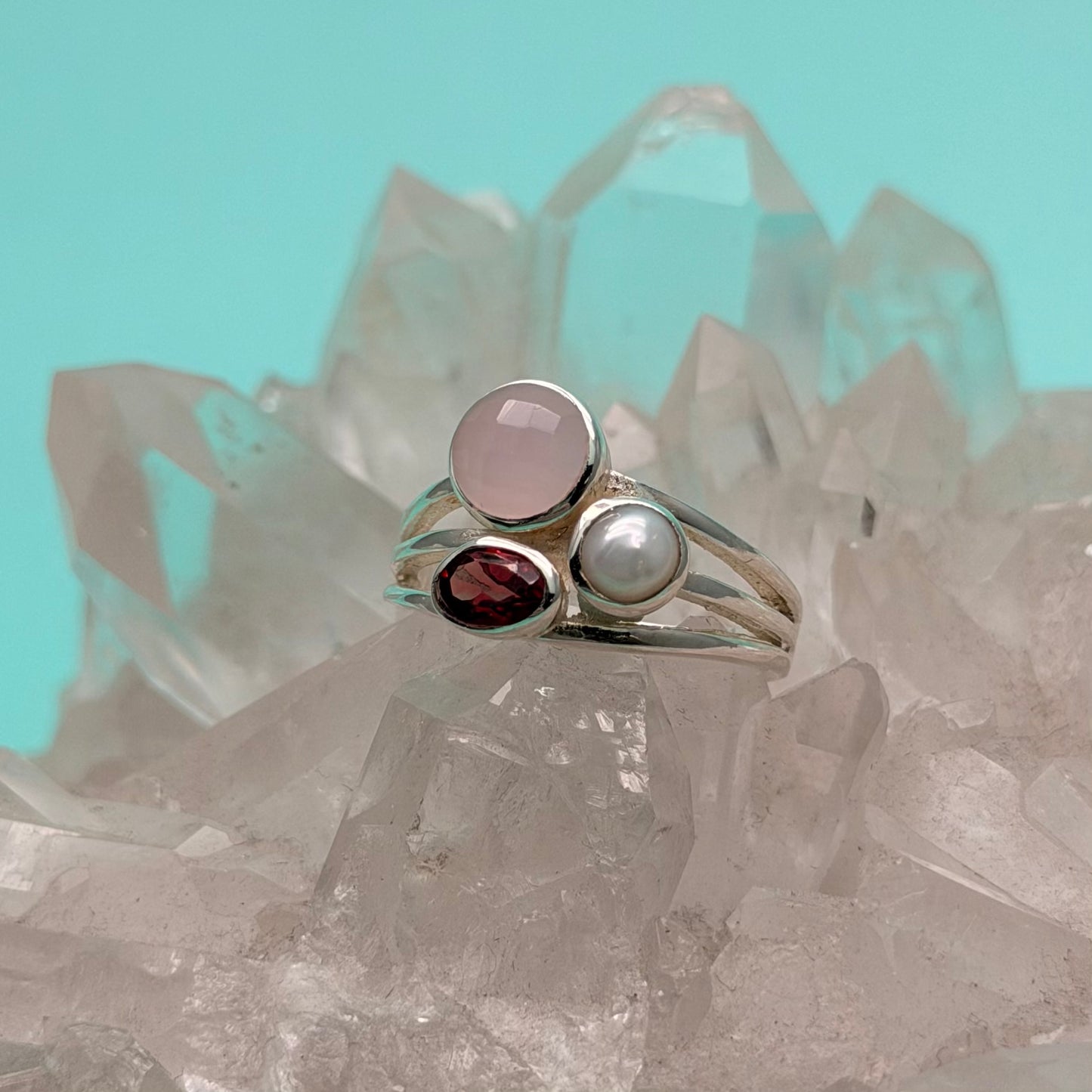 Vineyard Pink Chalcedony, Pearl, & Garnet Ring