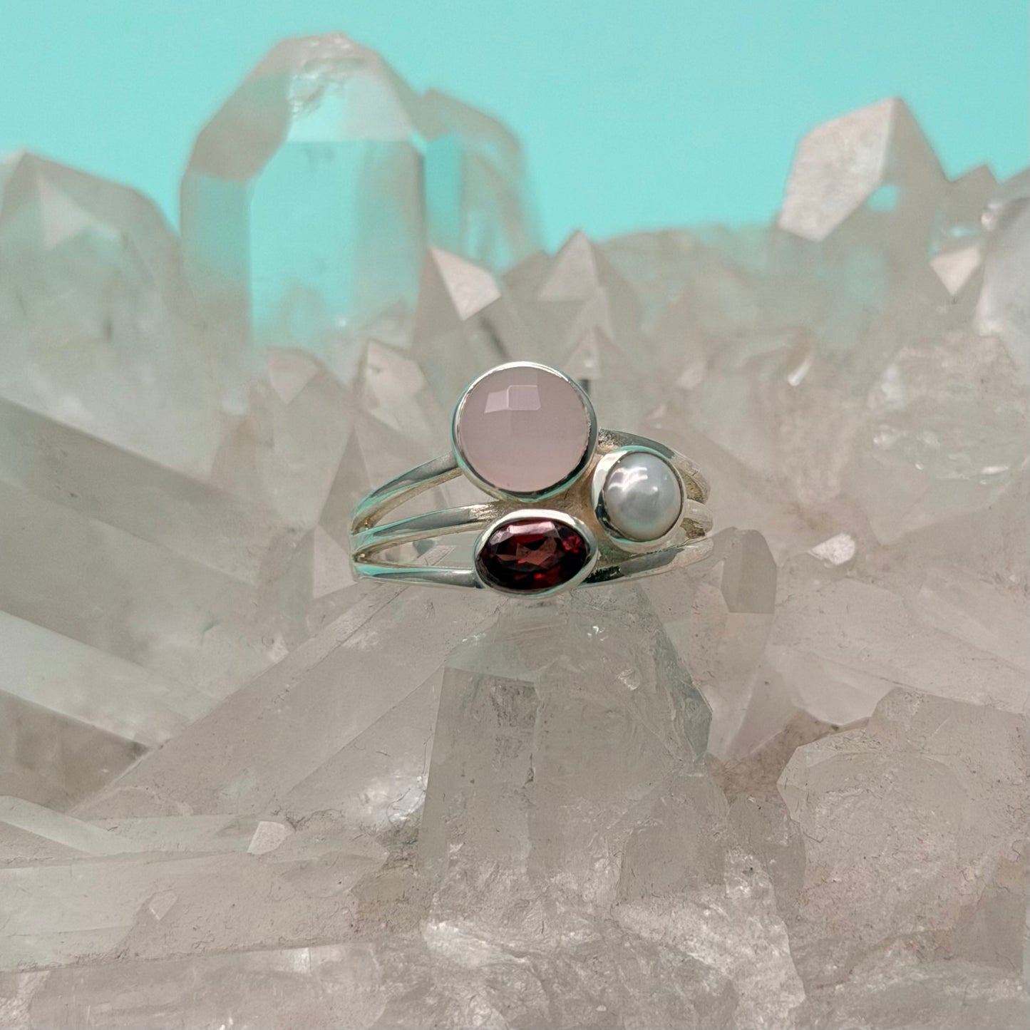 Vineyard Pink Chalcedony, Pearl, & Garnet Ring