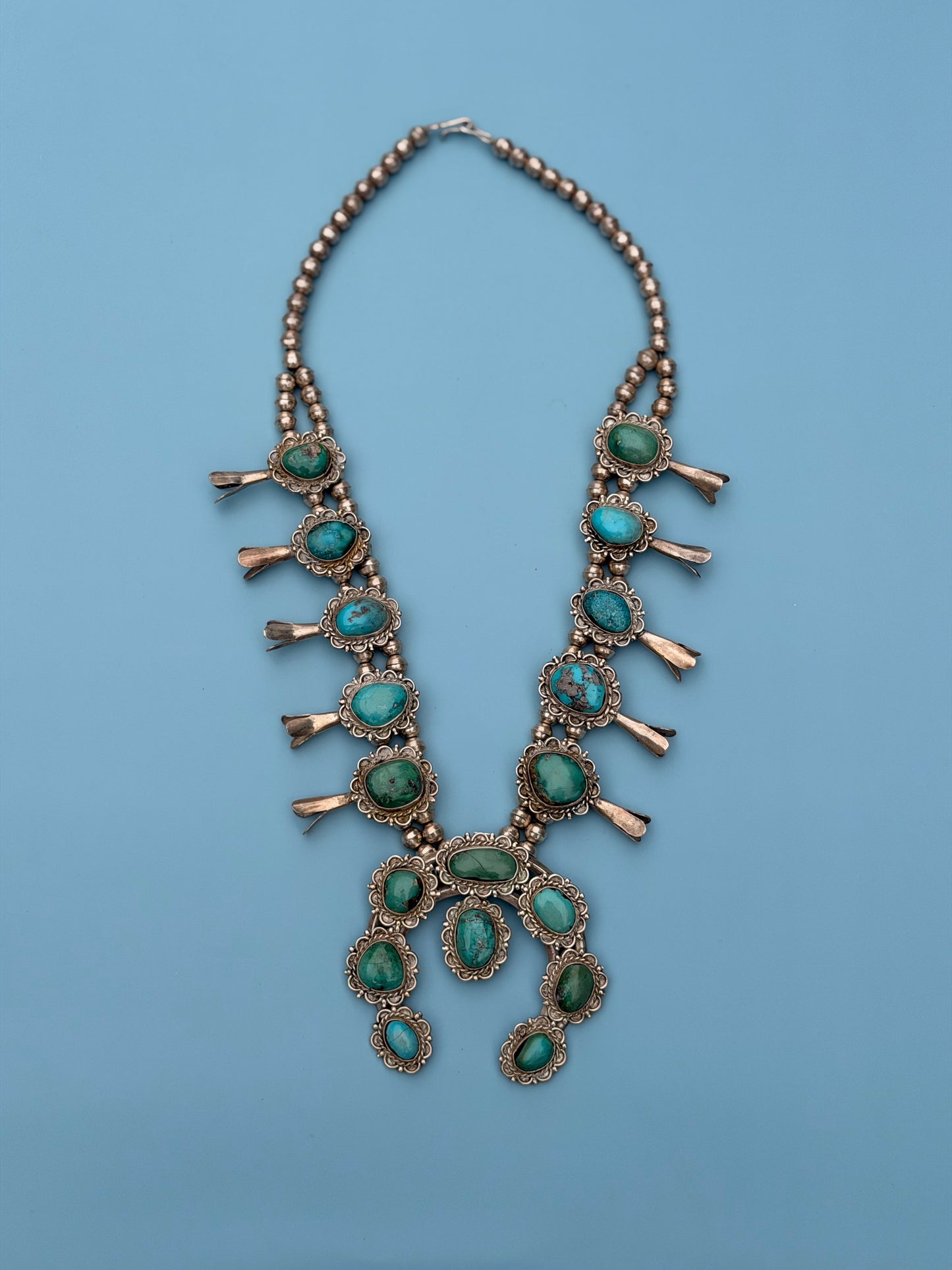 Vintage 1960s Old Pawn Turquoise Squash Blossom Necklace | 259.69g