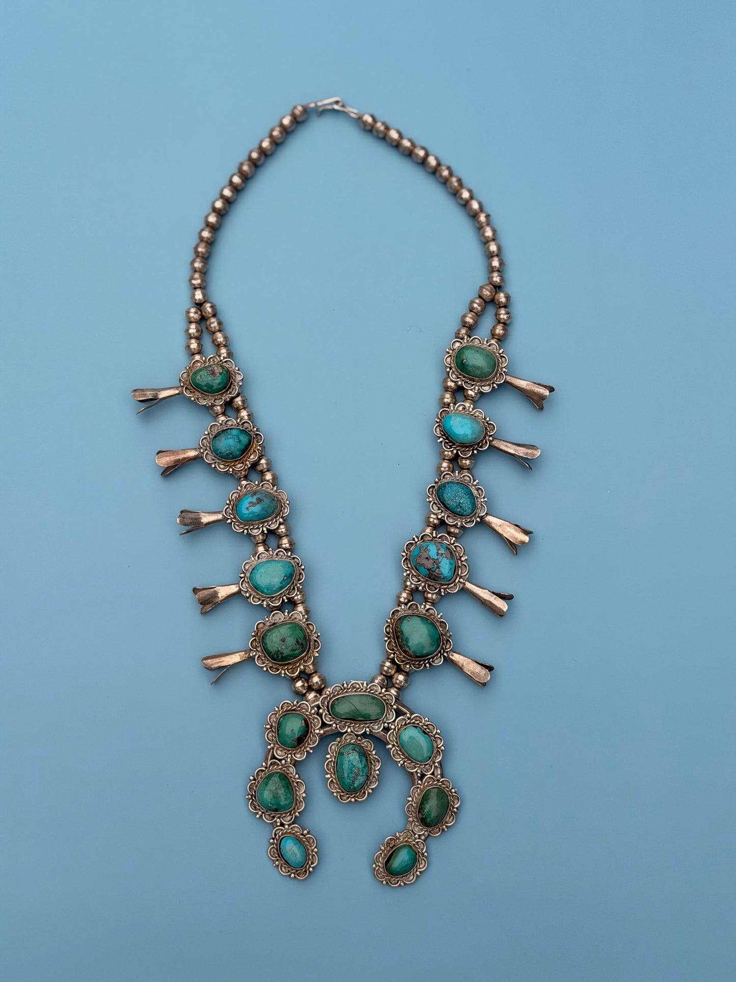 Vintage 1960s Old Pawn Turquoise Squash Blossom Necklace | 259.69g