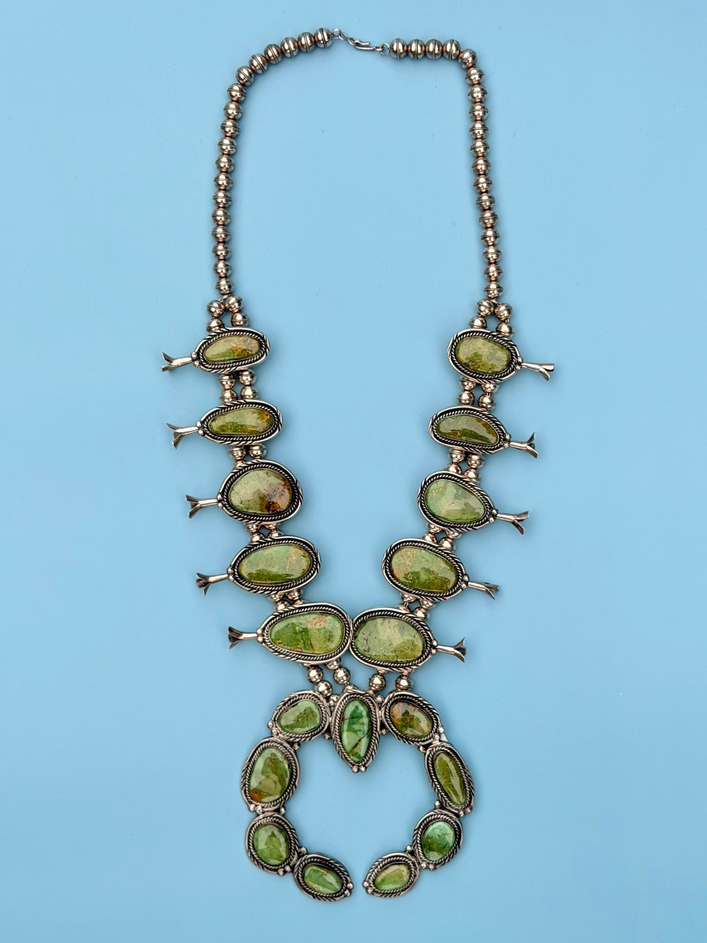 "PP" Patricia Paterson Green Turquoise & Sterling Silver Squash Blossom Set With Necklace, Earrings, Size 8.5 Ring & Cuff