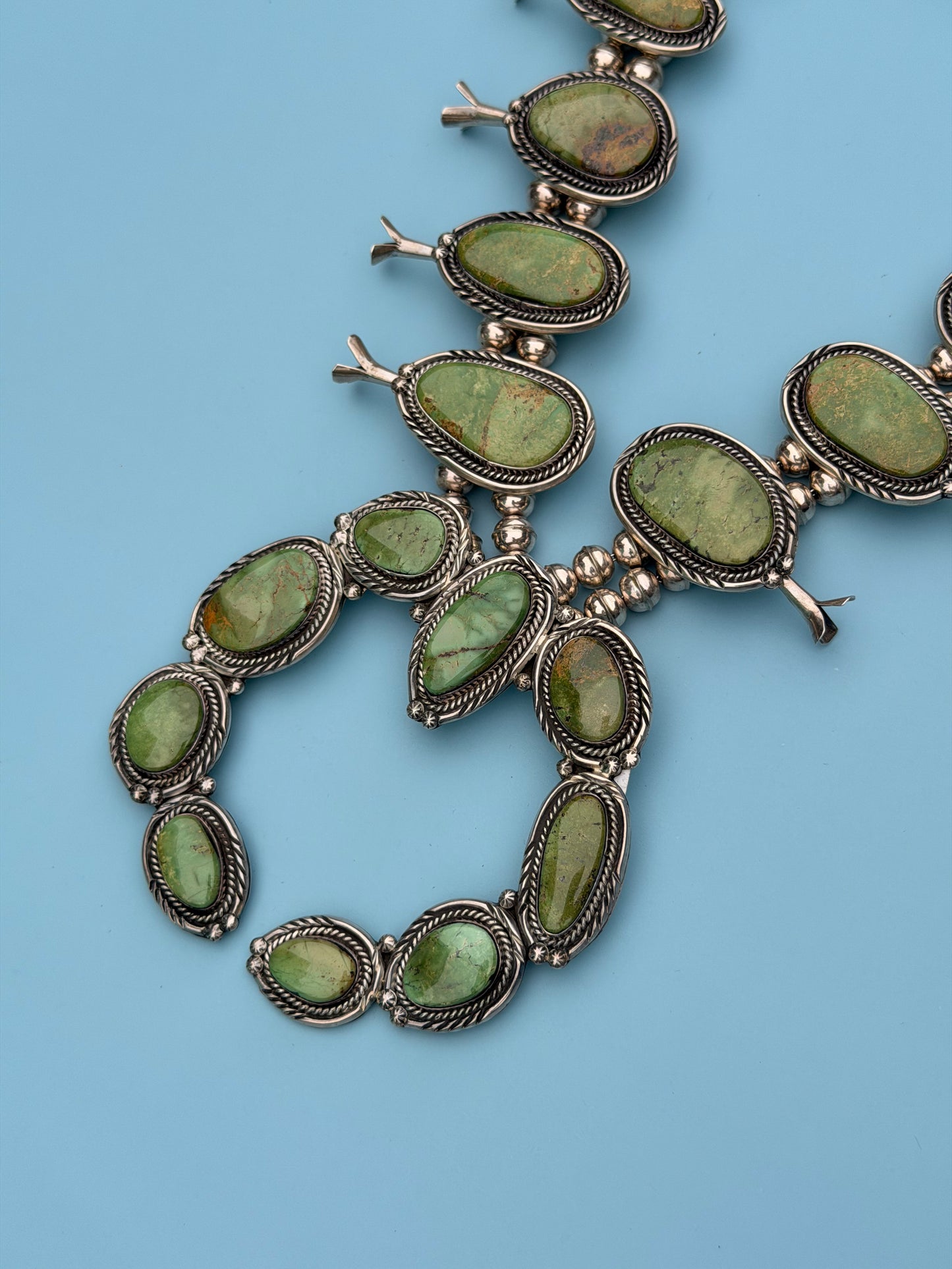 "PP" Patricia Paterson Green Turquoise & Sterling Silver Squash Blossom Set With Necklace, Earrings, Size 8.5 Ring & Cuff