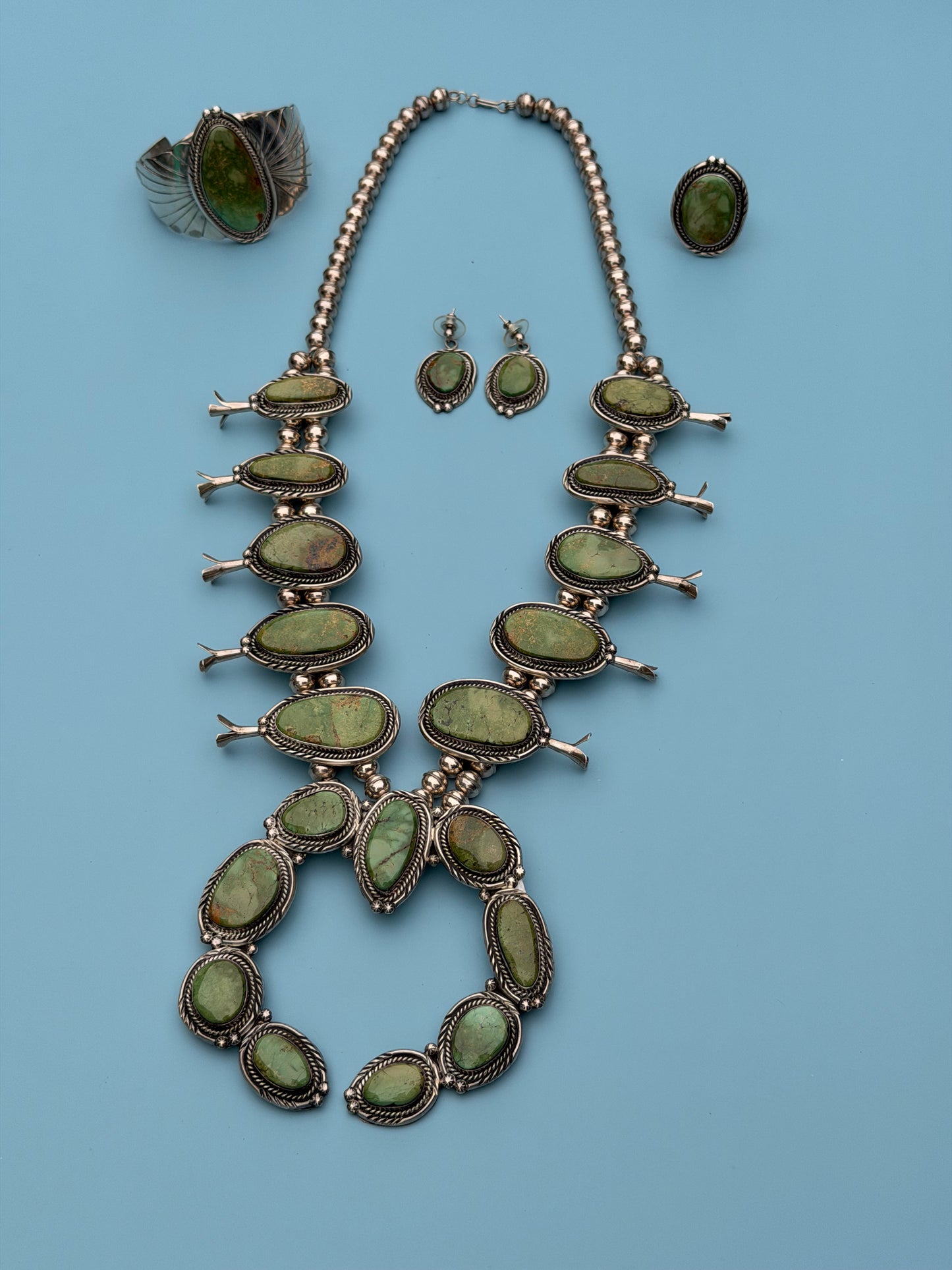 "PP" Patricia Paterson Green Turquoise & Sterling Silver Squash Blossom Set With Necklace, Earrings, Size 8.5 Ring & Cuff