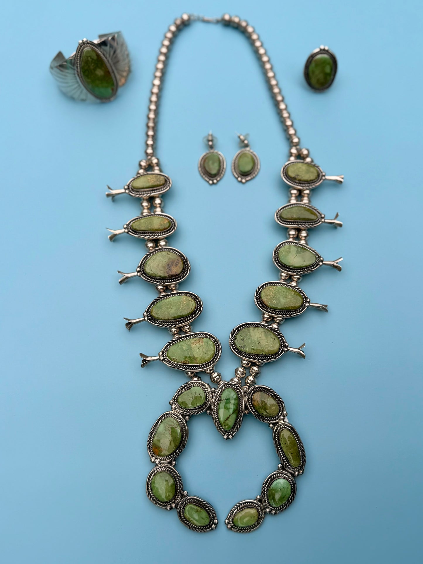 "PP" Patricia Paterson Green Turquoise & Sterling Silver Squash Blossom Set With Necklace, Earrings, Size 8.5 Ring & Cuff