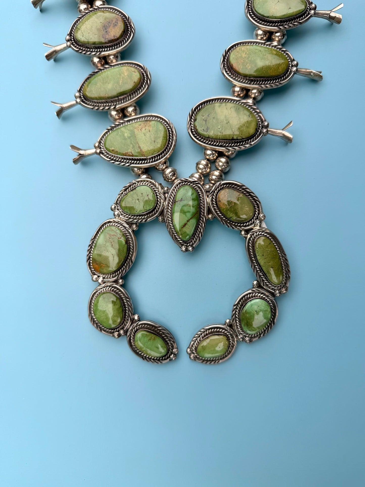 "PP" Patricia Paterson Green Turquoise & Sterling Silver Squash Blossom Set With Necklace, Earrings, Size 8.5 Ring & Cuff