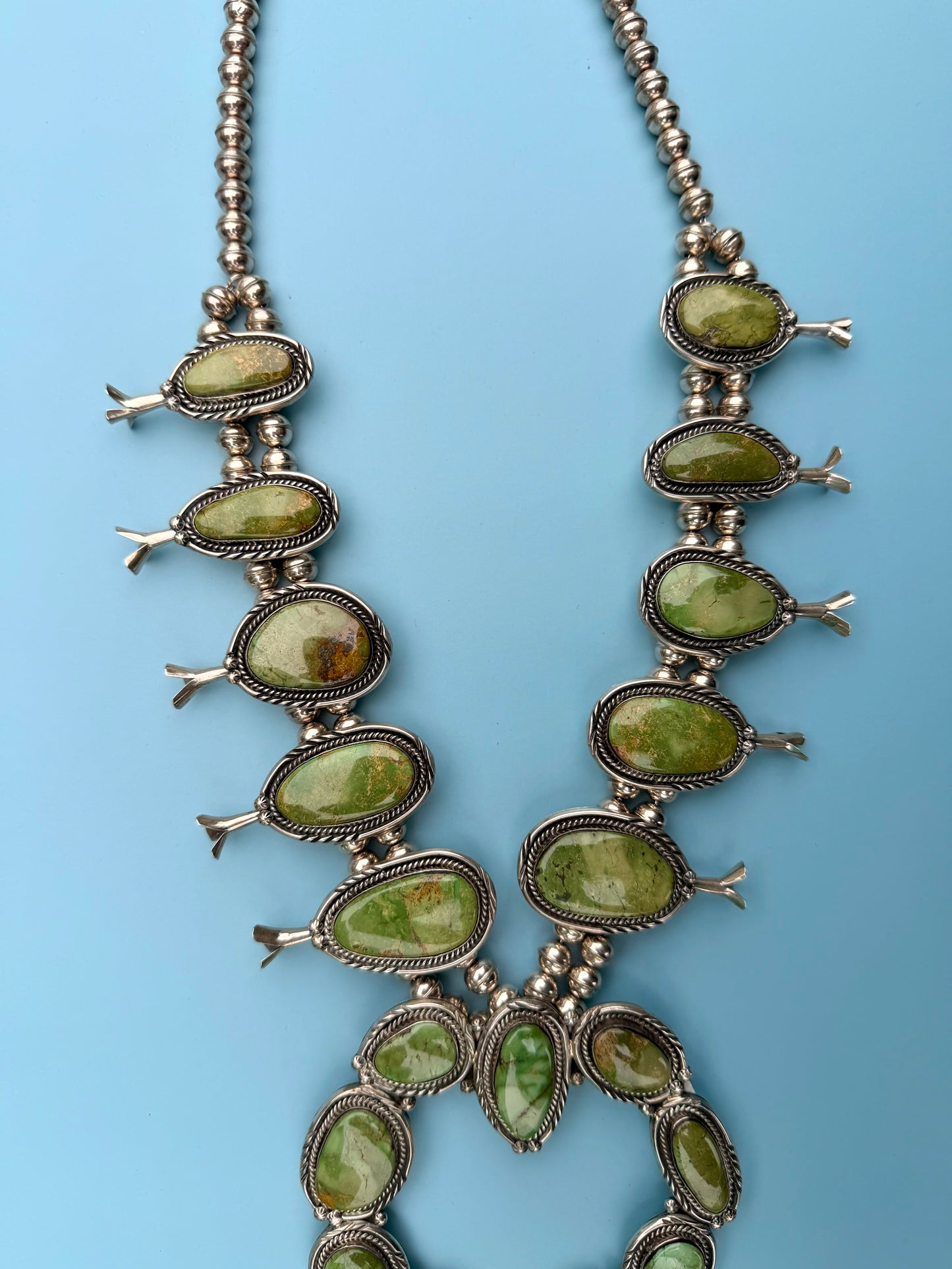 "PP" Patricia Paterson Green Turquoise & Sterling Silver Squash Blossom Set With Necklace, Earrings, Size 8.5 Ring & Cuff