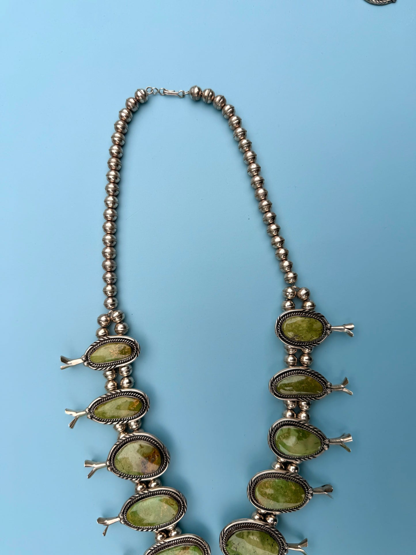 "PP" Patricia Paterson Green Turquoise & Sterling Silver Squash Blossom Set With Necklace, Earrings, Size 8.5 Ring & Cuff