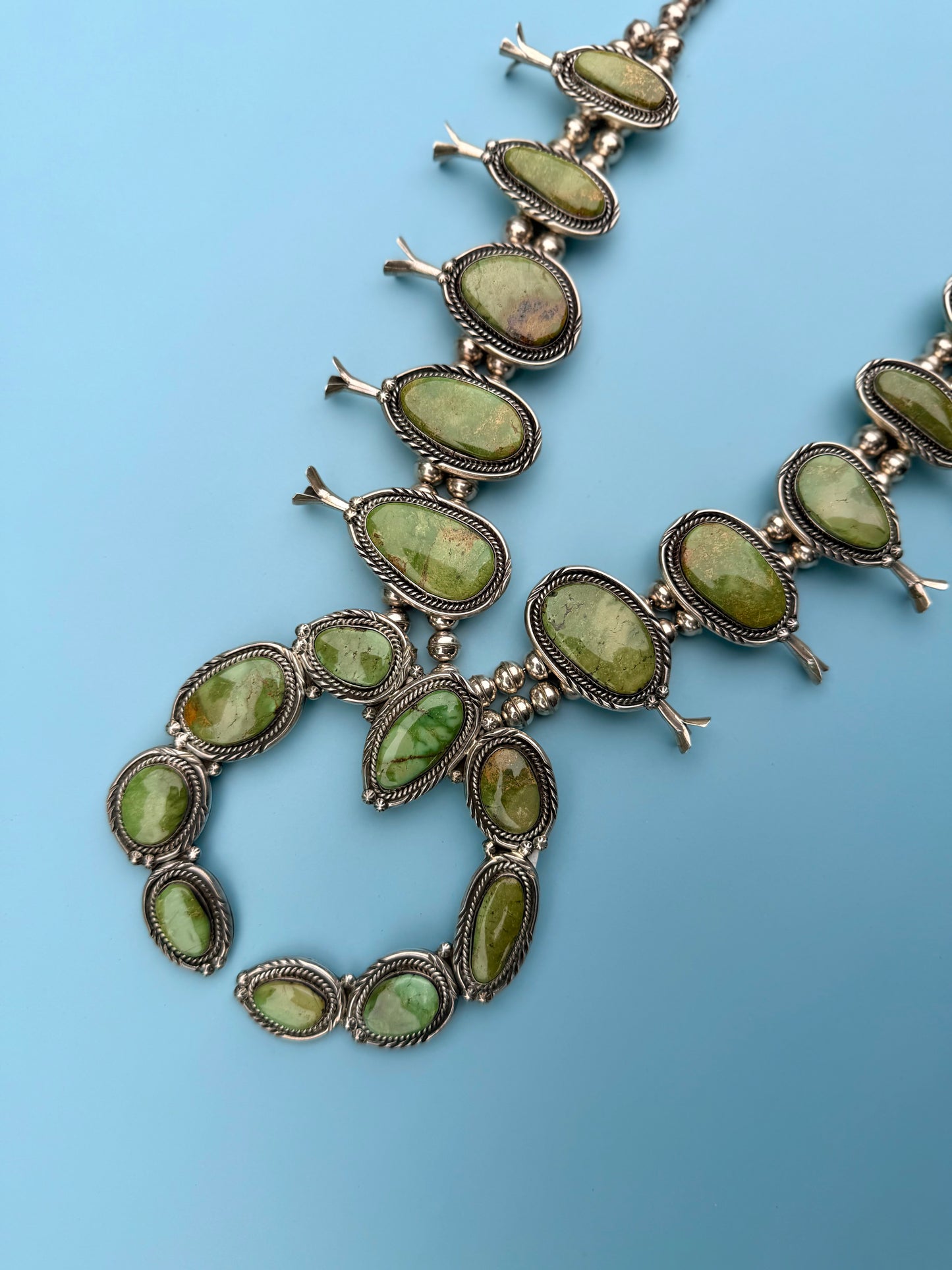 "PP" Patricia Paterson Green Turquoise & Sterling Silver Squash Blossom Set With Necklace, Earrings, Size 8.5 Ring & Cuff